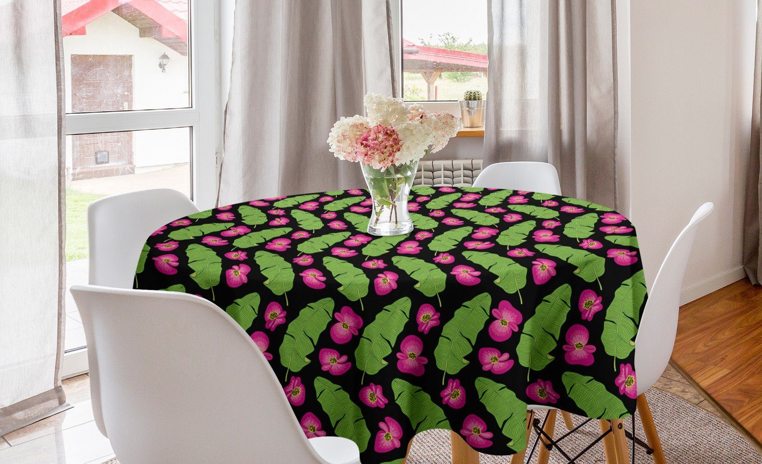 Abakuhaus Tischdecke Kreis Tischdecke Abdeckung für Esszimmer Küche Dekoration, Luau Banana Palm und Blumen
