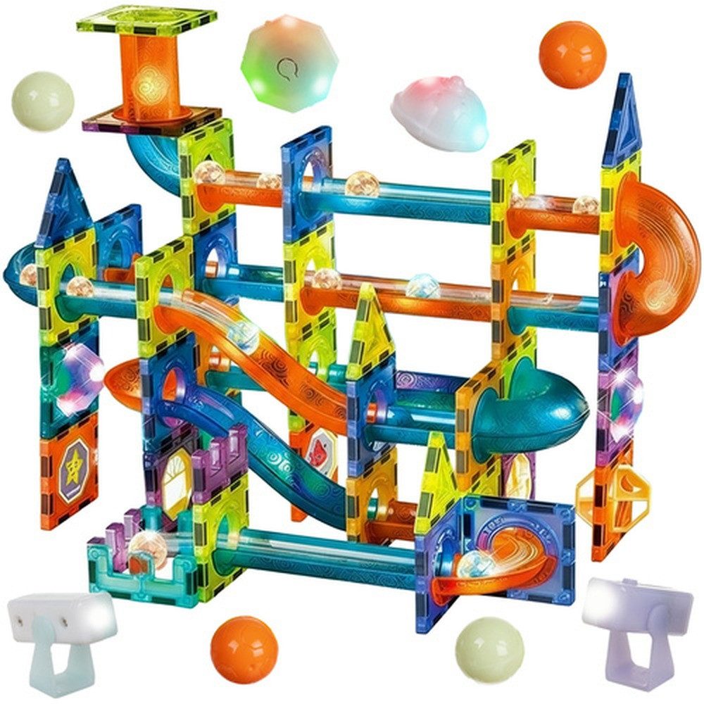 ISO TRADE Kugelbahn 3D-Magnetbausteine Kugelbahn, (Spar-Set, Kreativität), Integrierte Beleuchtung verleiht den Bauwerken einen magischen Effekt