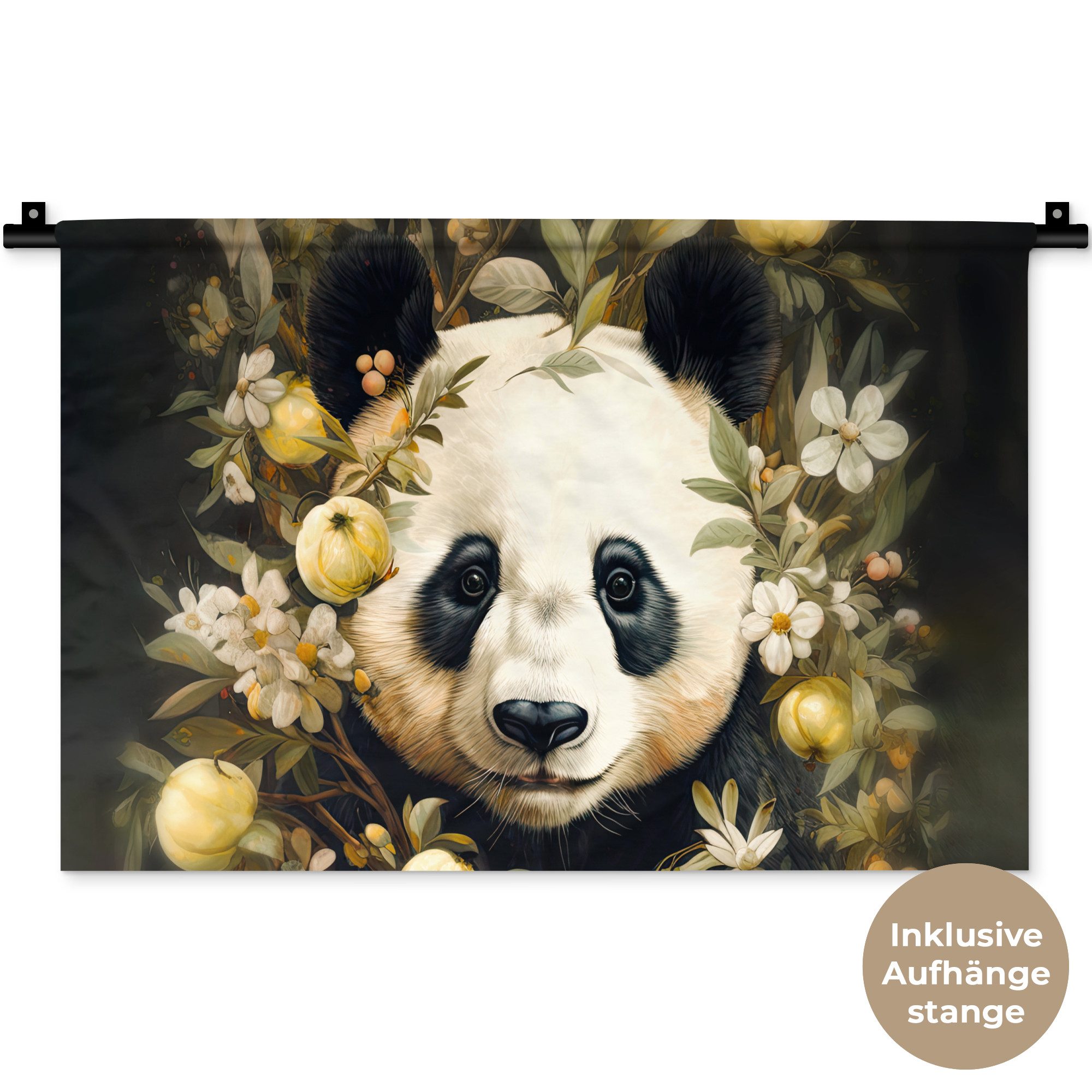 MuchoWow Wandteppich Panda - Pandabär - Wildtiere - Blumen, Rechteckig, Höhe: 3 mm, Wandteppich für Wohnzimmer, Schlafzimmer, 60x40 cm