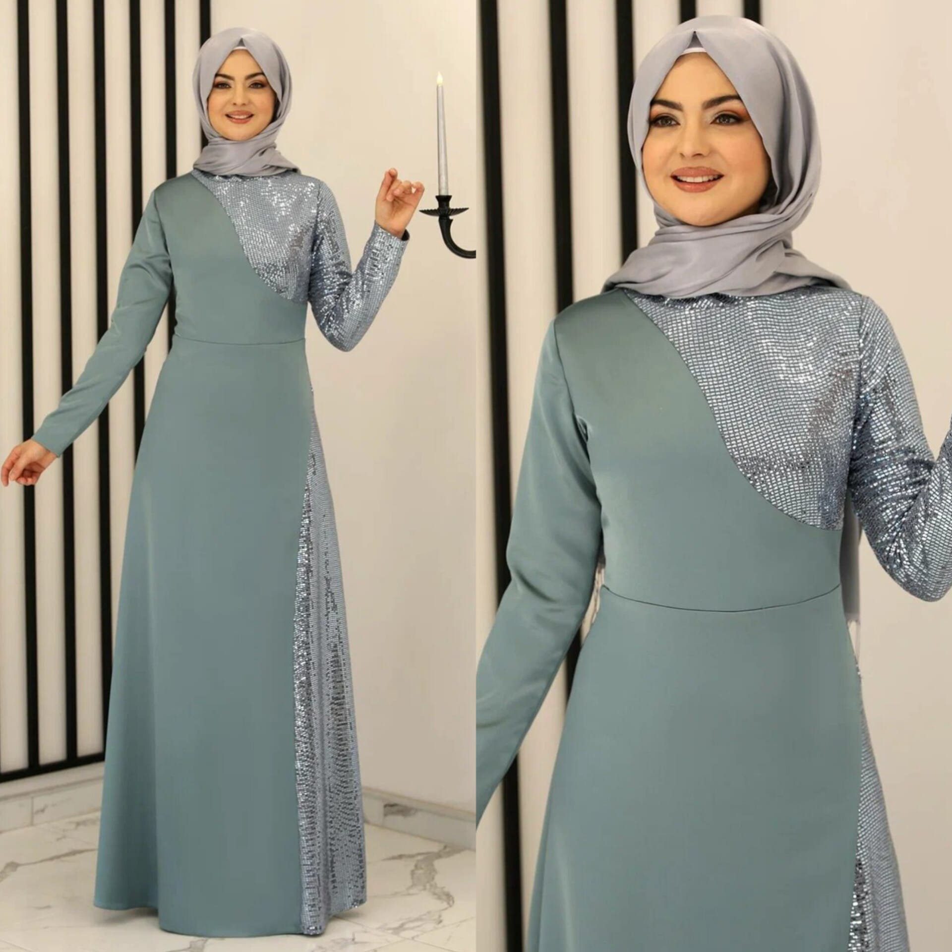 (DAMLA) Damen Pailletten Abaya Mint Modavitrini Hijab Maxikleid Kleid Abiye Paillettenkleid Abendkleid