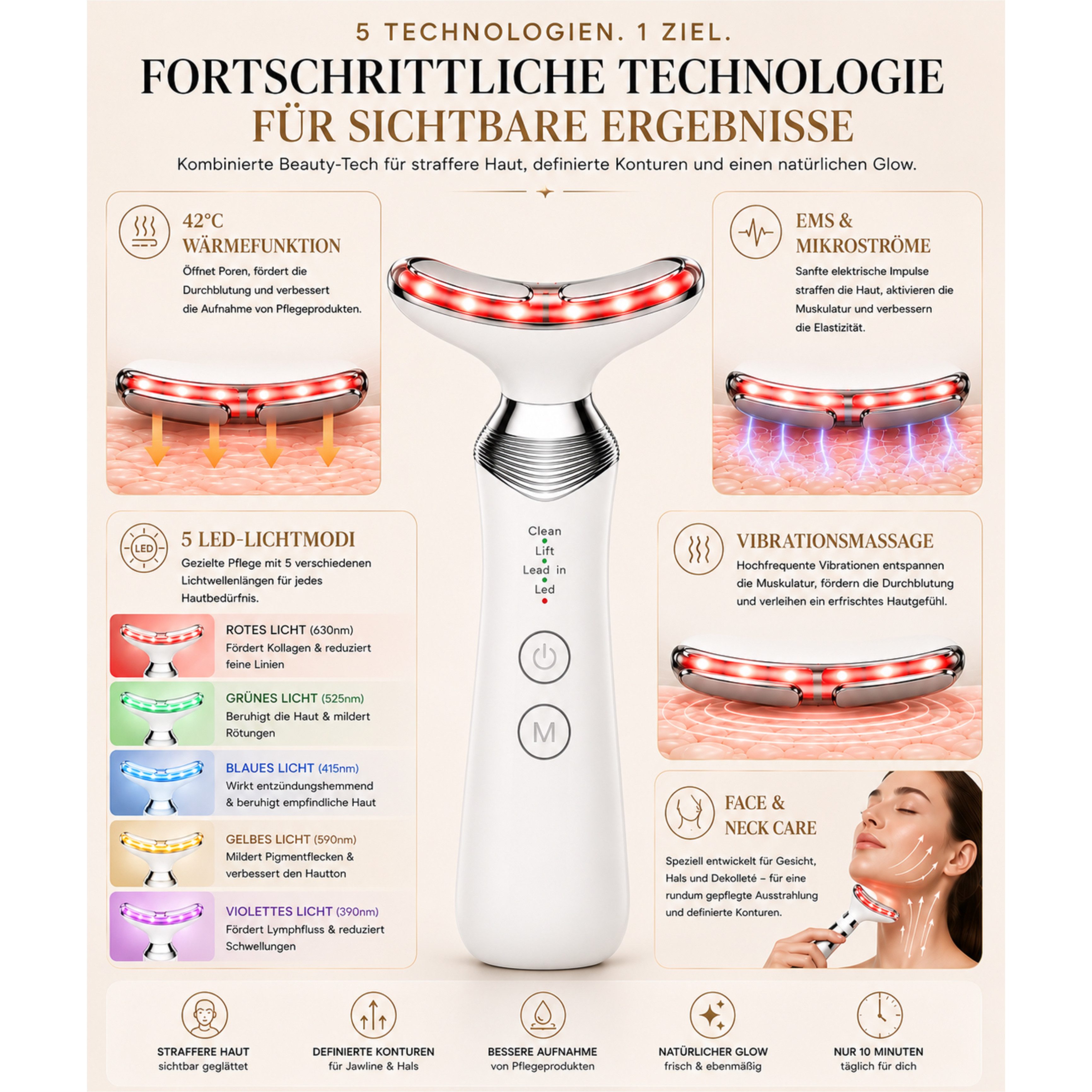 Lalano`S Cosmetics Gesichtsmassagegerät ÉLEVIA Face & Neck Sculptor mit EMS, Wärmefunktion & Vibrationsmassage, Anti-Aging Gerät für Gesicht, Hals & Dekolleté mit 5 LED-Lichtmodi