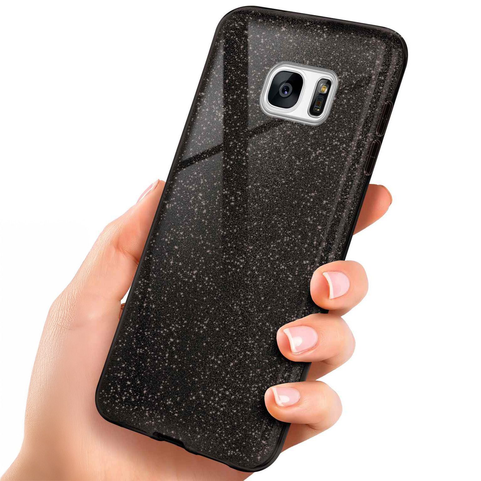 ONEFLOW Handyhülle für Samsung Galaxy S7 Glitzer Hülle Glitter Case Schwarz 5,1 Zoll, Hülle Glitzernd Dünne Schutzhülle mit Kameraschutz Frauen Glitzerhülle