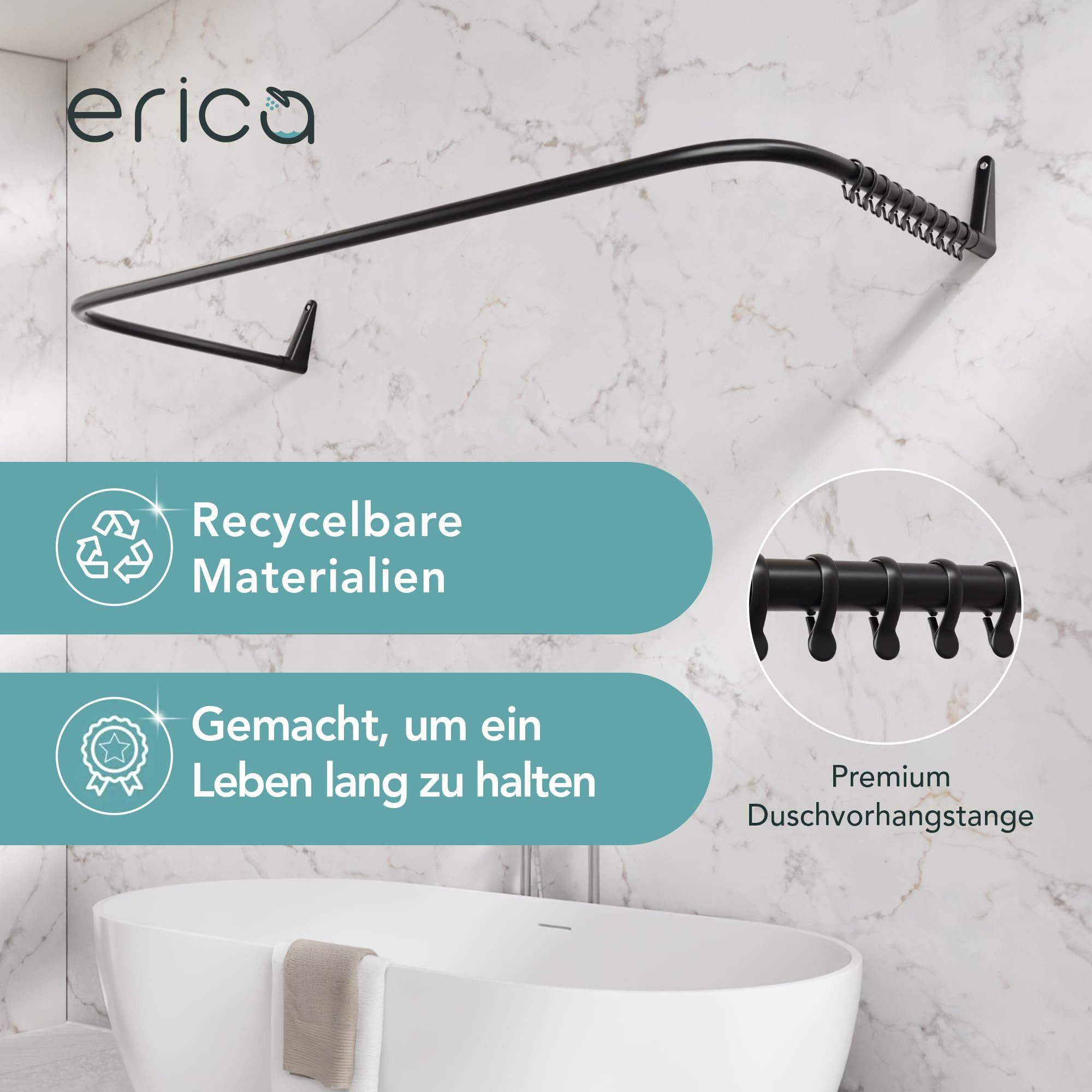 Erica Duschvorhangstange L-form & U-form - 4-in-1 für Badewanne oder Dusche Duschstange Ecke, Stahl mit Pulverbeschichtung - Ohne Deckenhalterung