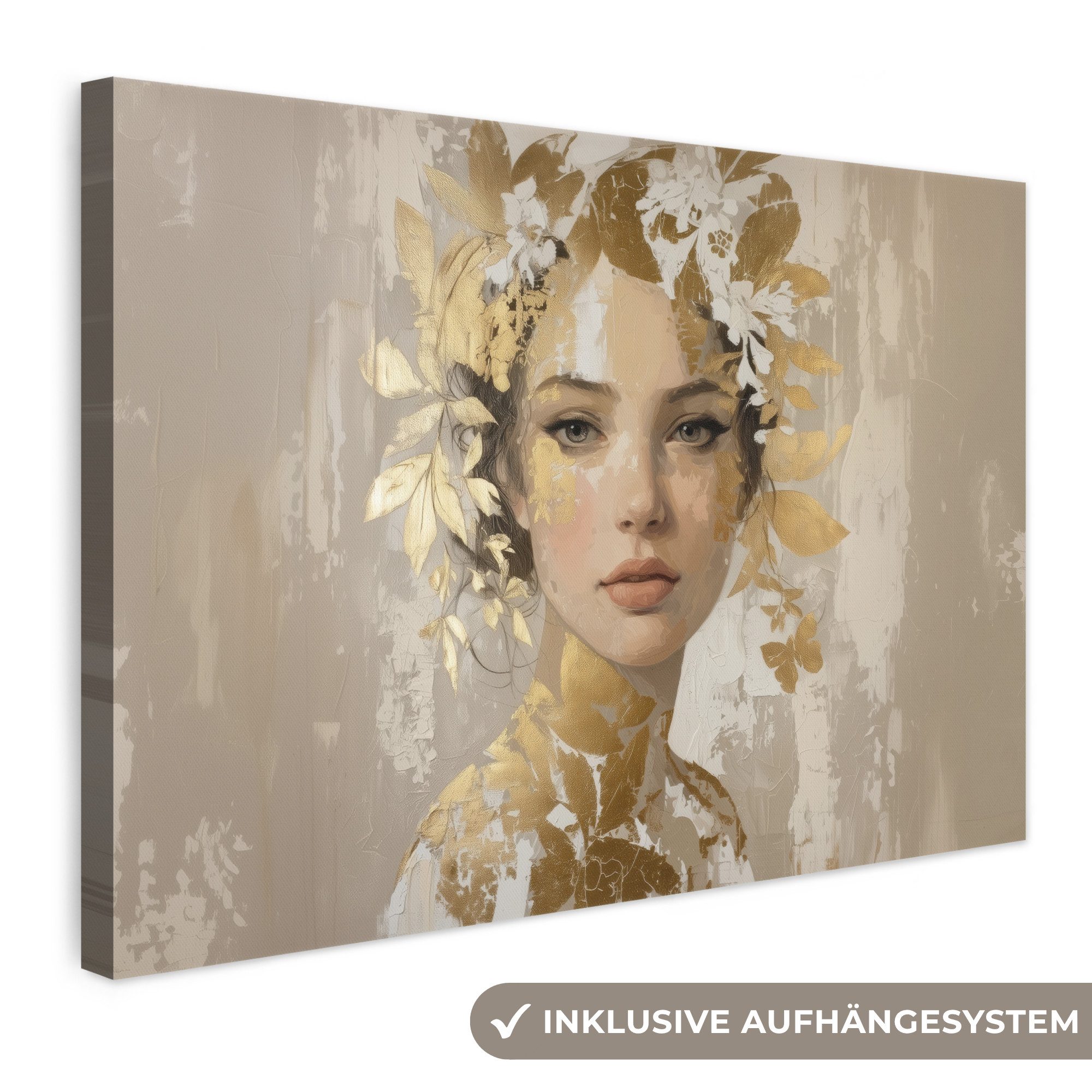 OneMillionCanvasses® Leinwandbild Gesicht - Frau - Blätter - Gold, Fotodruck (1 St), Leinwand Bilder Klein, Wand Dekoration Aesthetic 30x20 cm