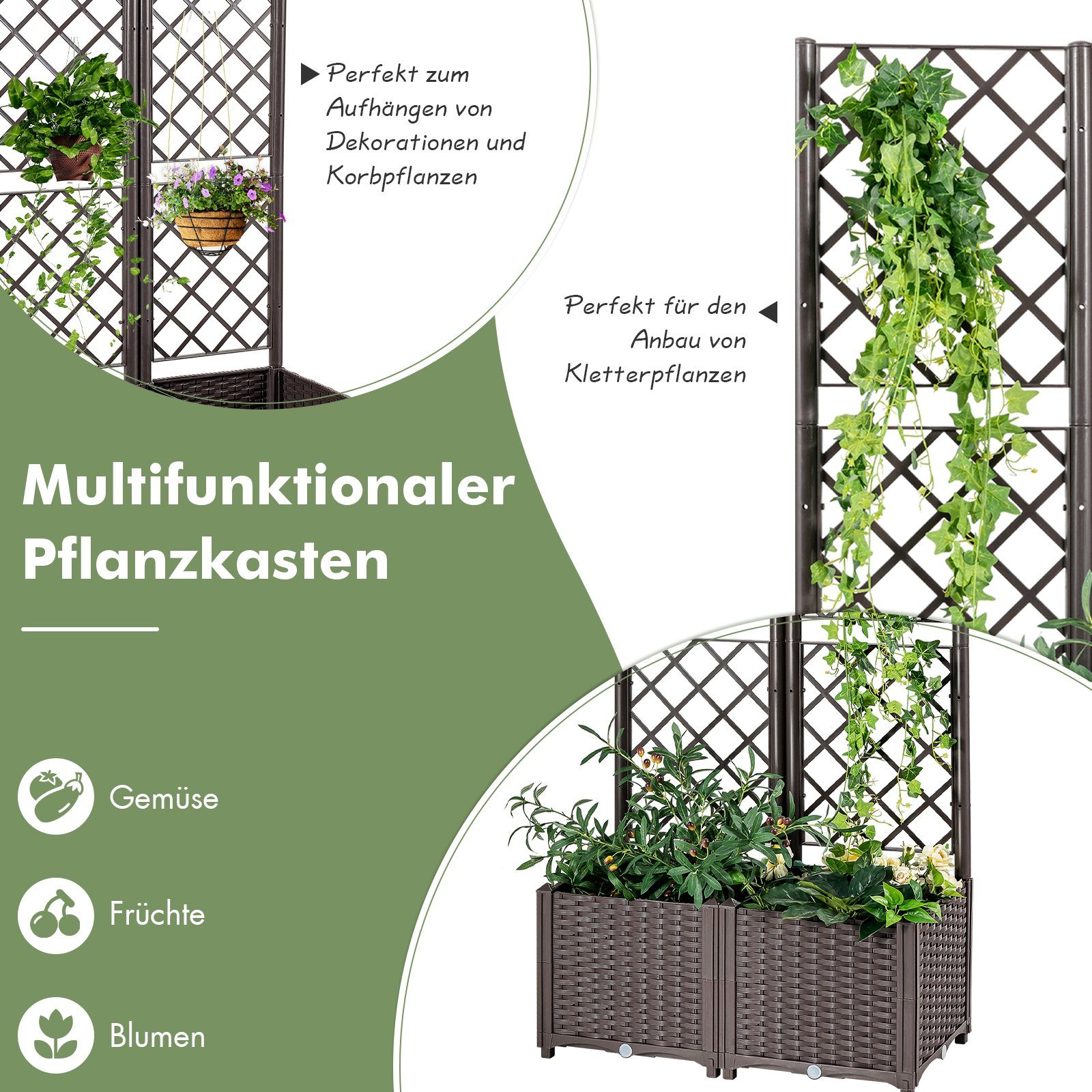 COSTWAY Blumenkasten, Hof, Rankgitter, mit Balkon Garten, für Pflanzkasten