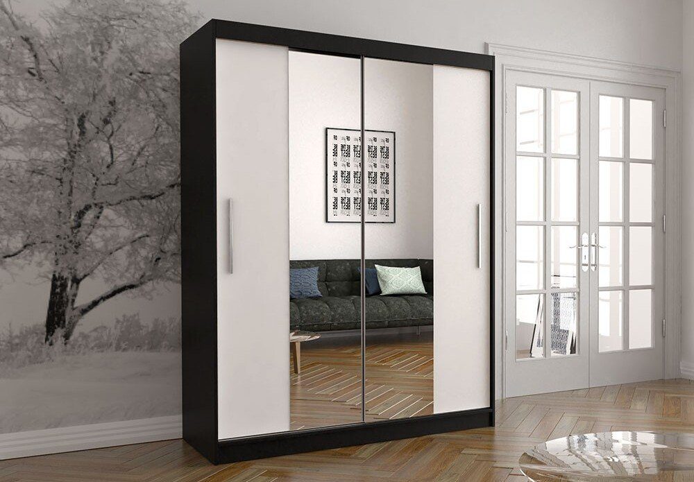 Polini Home Schwebetürenschrank Schwebetürenschrank Prime Comfort 150x200 mit Spiegel mittig Schwarz mit Spiegel schwarz-weiß (mittelspiegel) | schwarz-weiß