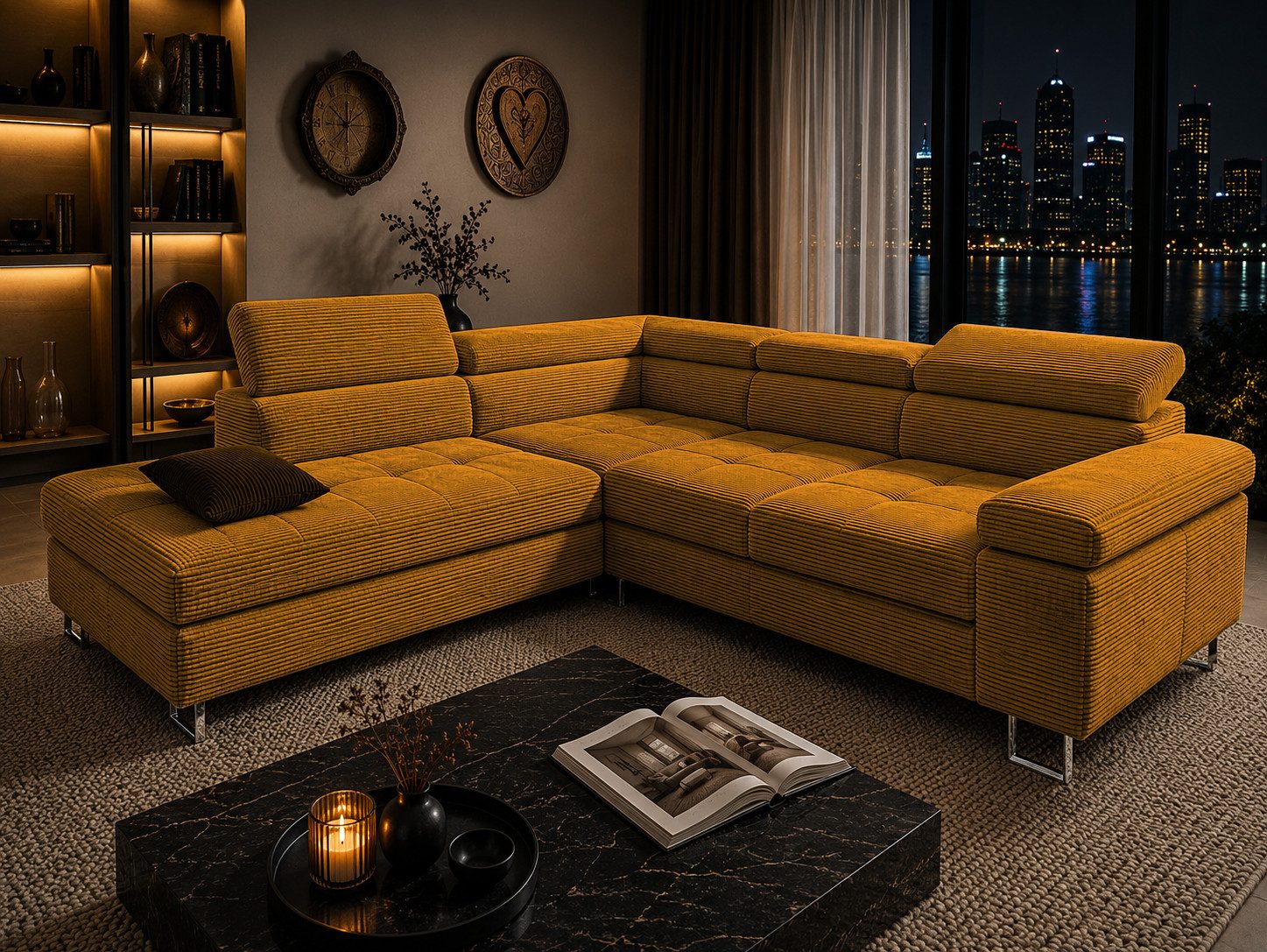 Goldstoff Ecksofa mit Schlaffunktion, Cord Couch für Wohnzimmer - Cord Ecksofa, Cord Sofa VOYAGE 2 Teile, Großer Bettkasten