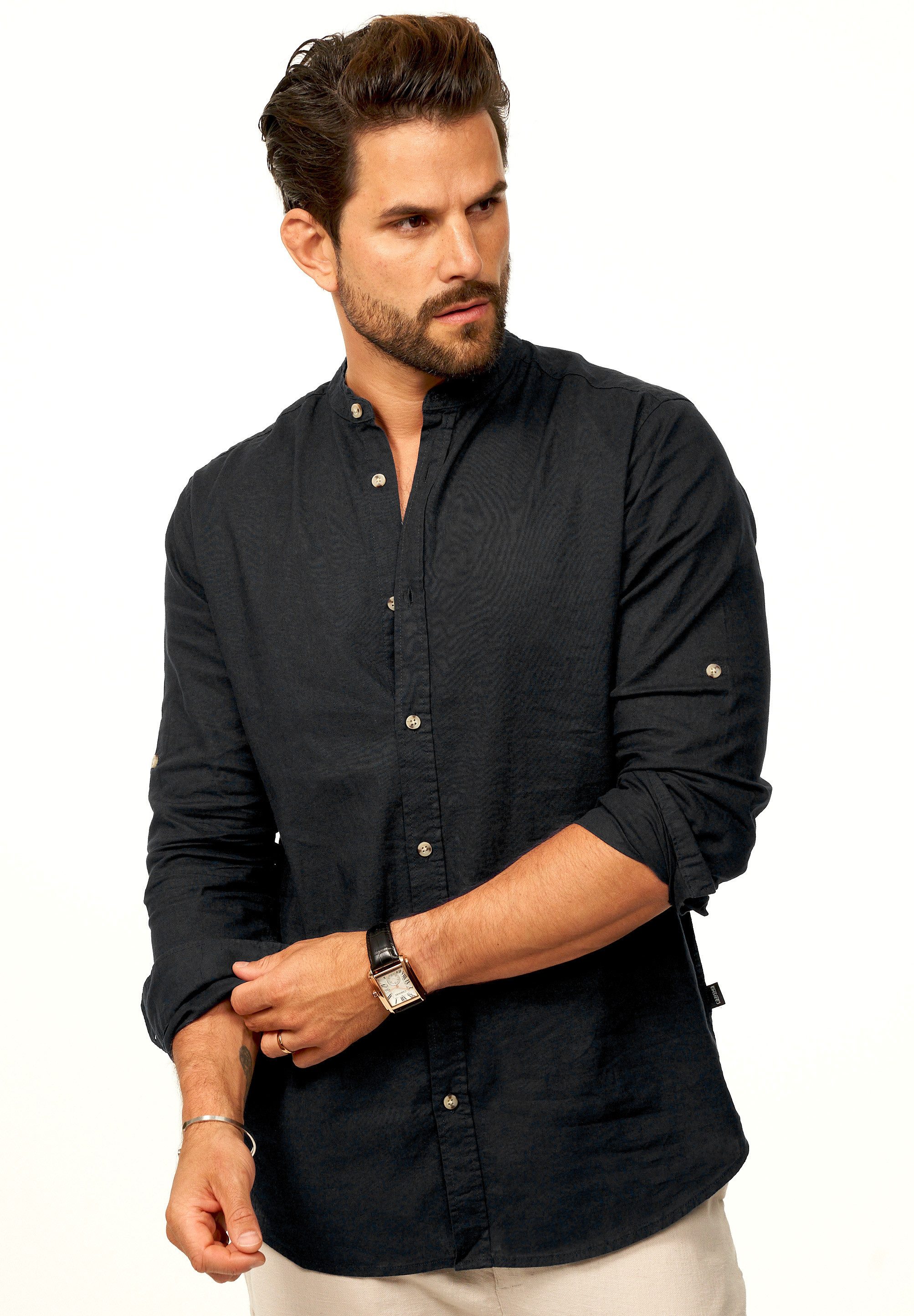 behype Langarmhemd aus Leinen im Regular-Fit Sommerhemd Herren Leinenhemd Freizeithemd mit Stehkragen & Krempelfunktion