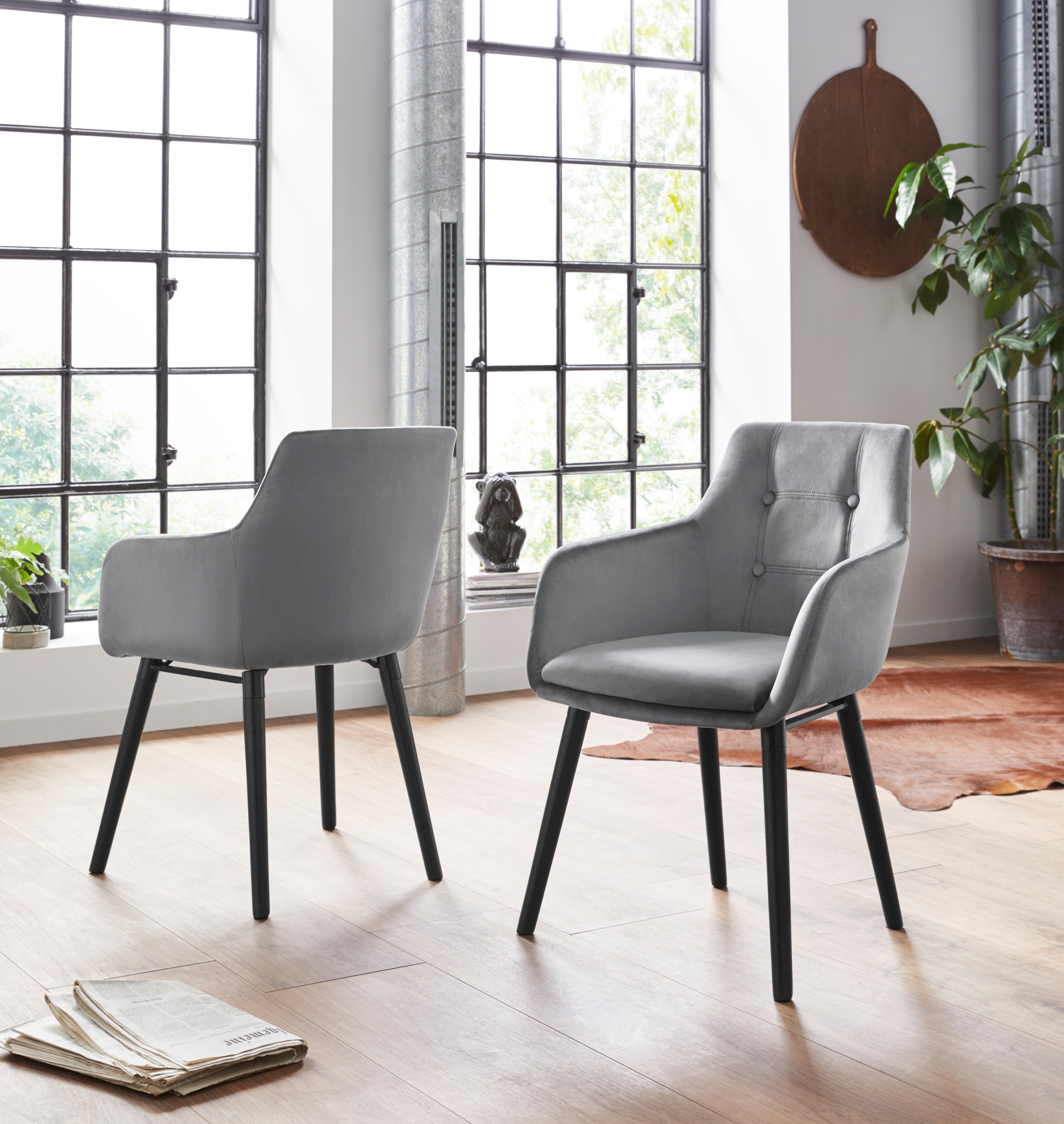 Home affaire Armlehnstuhl Bradford (Set, 2 St), (1 oder 2 Stück), Bezug in Samtsoff, Gestell aus Eiche Massivholz