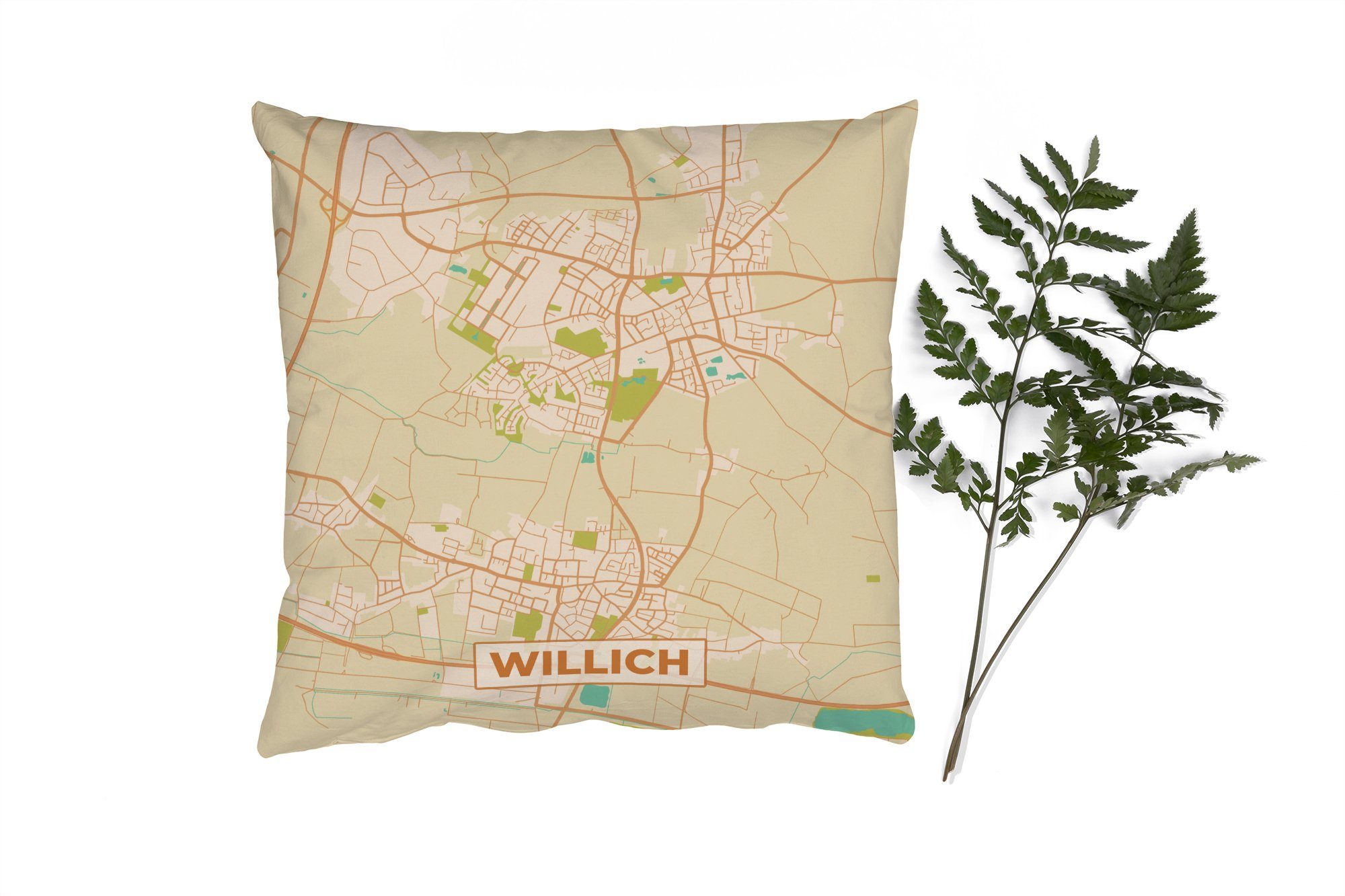 MuchoWow Dekokissen Vintage - Karte - Willich - Stadtplan - Karte, Zierkissen mit Füllung für Wohzimmer, Schlafzimmer, Deko, Sofakissen