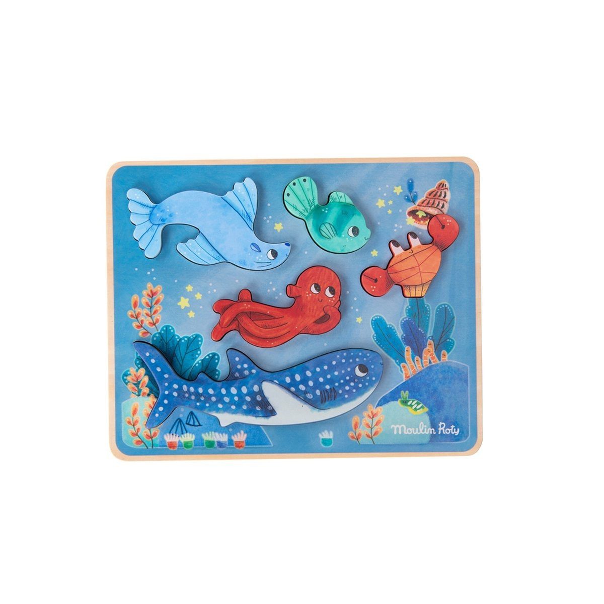 Moulin Roty Puzzle Sensorisches Puzzle Paulie für Kinder mit Motiv Meer als Geschenkidee, Puzzleteile, Sensorisches Puzzle