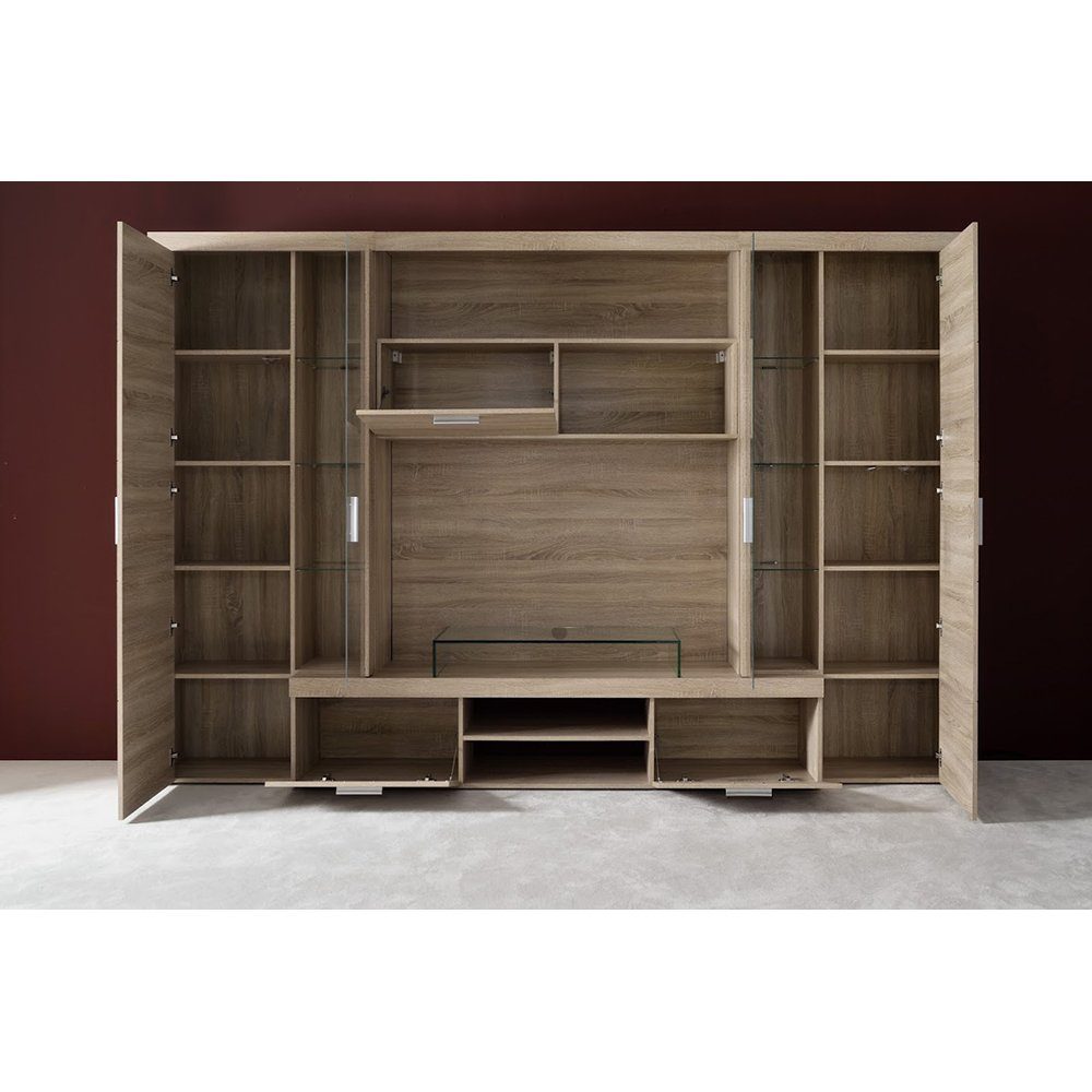 trendteam Wohnwand, Anbauwand inkl. Beleuchtung Eiche Sägerau hell 291x197x41 cm