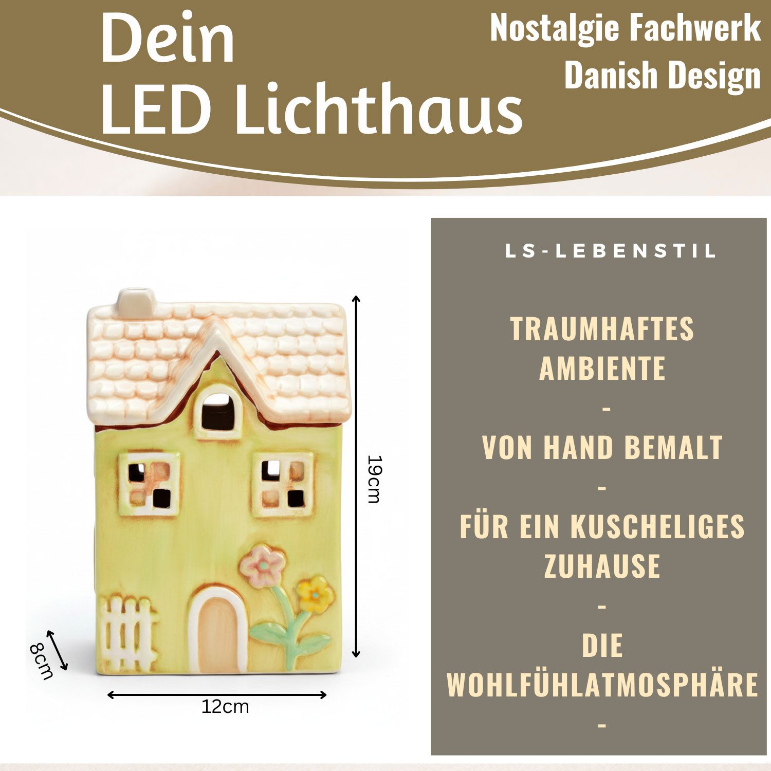LS-LebenStil Teelichthalter LED Lichterhaus Nyhavn 19cm Grün Keramik Fachwerkhaus Leuchthaus (LED beleuchtetes Windlicht, dänisches Fachwerkhaus, 1 St., Lichterhaus Lichterhäuschen Garten Balkon Deko), Deko Hochzeit Ostern Weihnachten Konfirmation