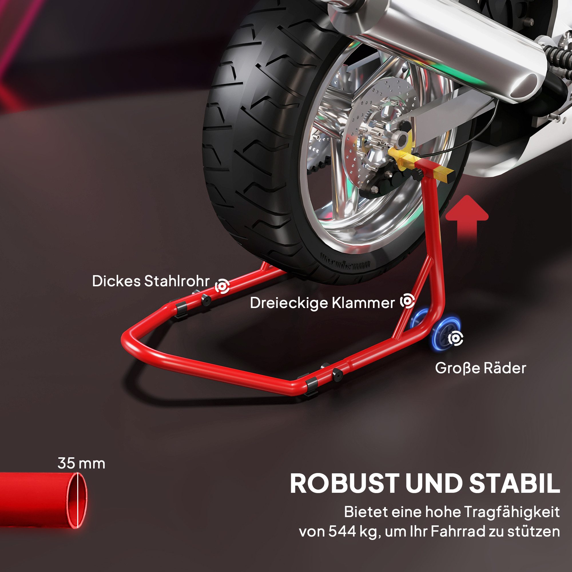 HOMCOM Bicycle/Motorcycle Stand (Front/Rear Stand, 1-Piece, Motorcycle Stand), up to 544 kg, for Rear Wheel, Steel, Red