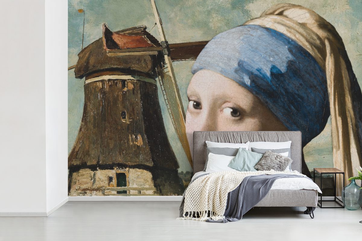 (6 Vinyl Tapete Wallpaper Wohnzimmer, Schlafzimmer, St), Mädchen Vermeer, für Matt, Kinderzimmer, mit MuchoWow Perlenohrring Fototapete dem - Das bedruckt, Mühle -