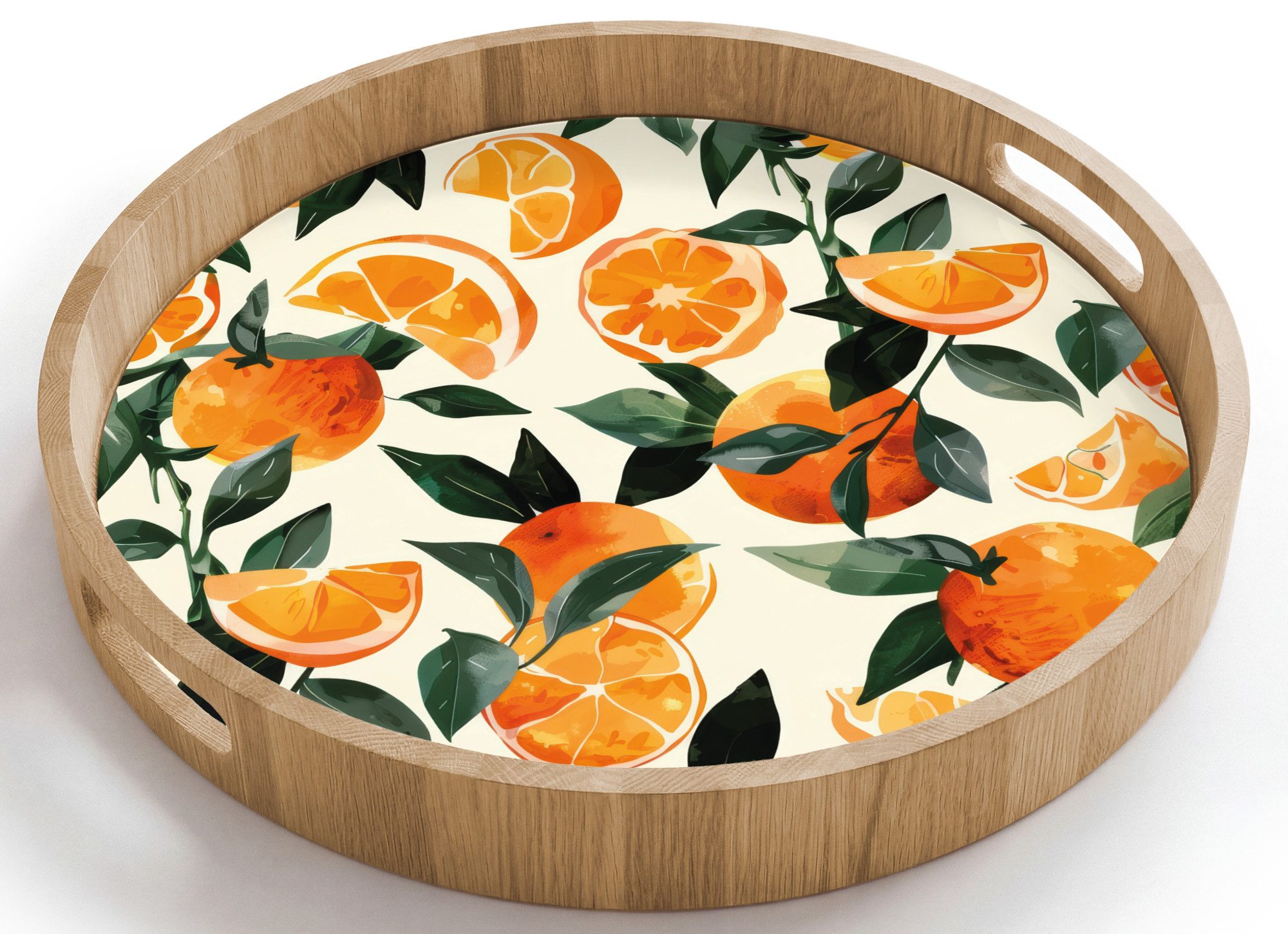 OnlyWow Tablett Rund mit Henkel Orangen - Früchte - Blätter - Orange - Grün - Beige, Eichenholz, (1-tlg), Siervierplatte, Tray, Frühstücksbrett
