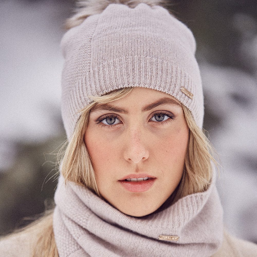CAPO Strickmütze Strickmütze, Kaschmir Kunstfellpompon, Fleecestreifen (1-S günstig online kaufen