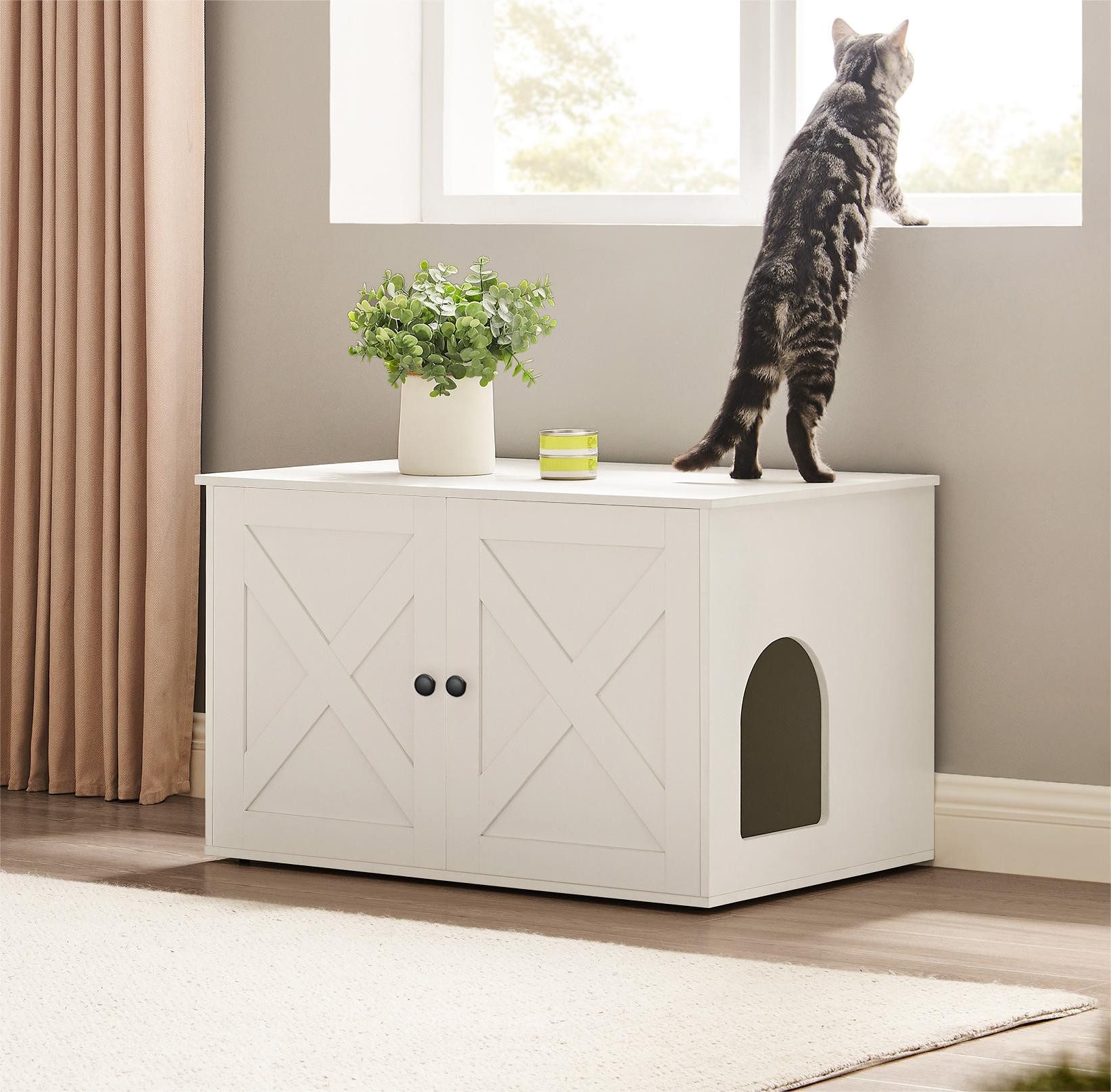FEANDREA Katzentoilette Katzenhaus, Katzenklo-Schrank, mit Herausnehmbarer Trennwand, Tisch