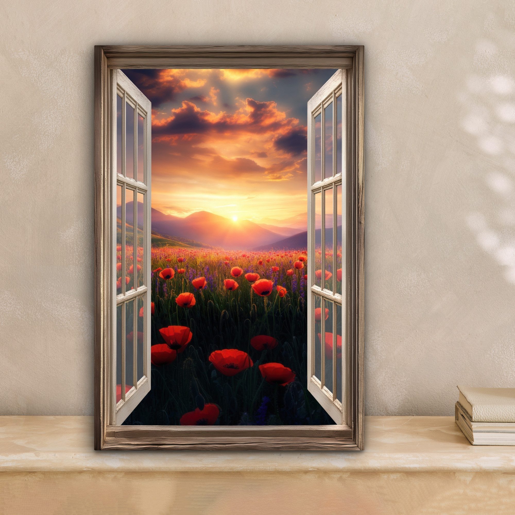OneMillionCanvasses® Leinwandbild Fensterblick - Fenster - Mohnblumen - Blu günstig online kaufen