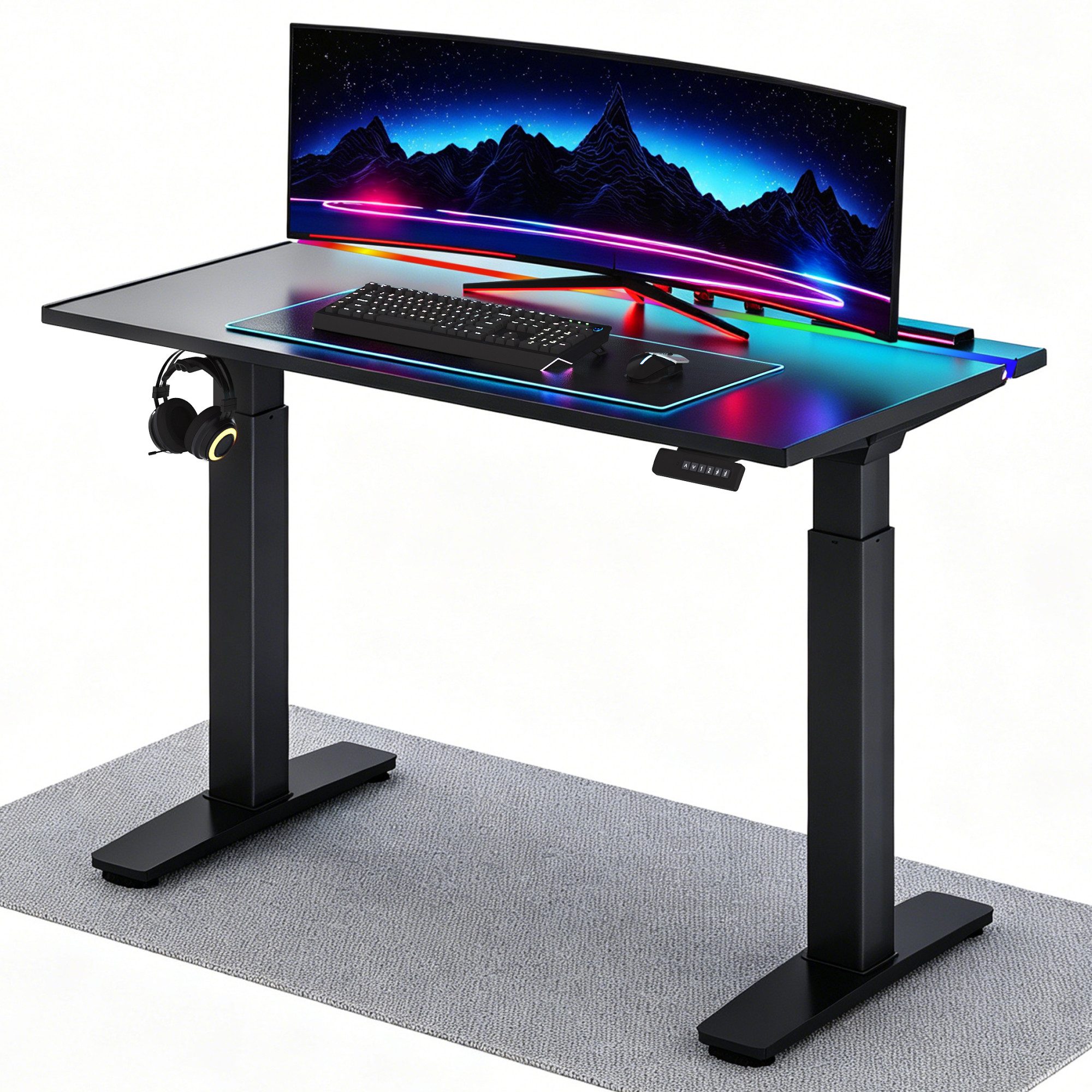 FLEXISPOT Schreibtisch Höhenverstellbarer Gaming-Schreibtisch (Dual-Motor-Technologie, LED-Gaming-Beleuchtung, ergonomisches Design), 120×70 cm, 120 kg belastbar, Schwarz