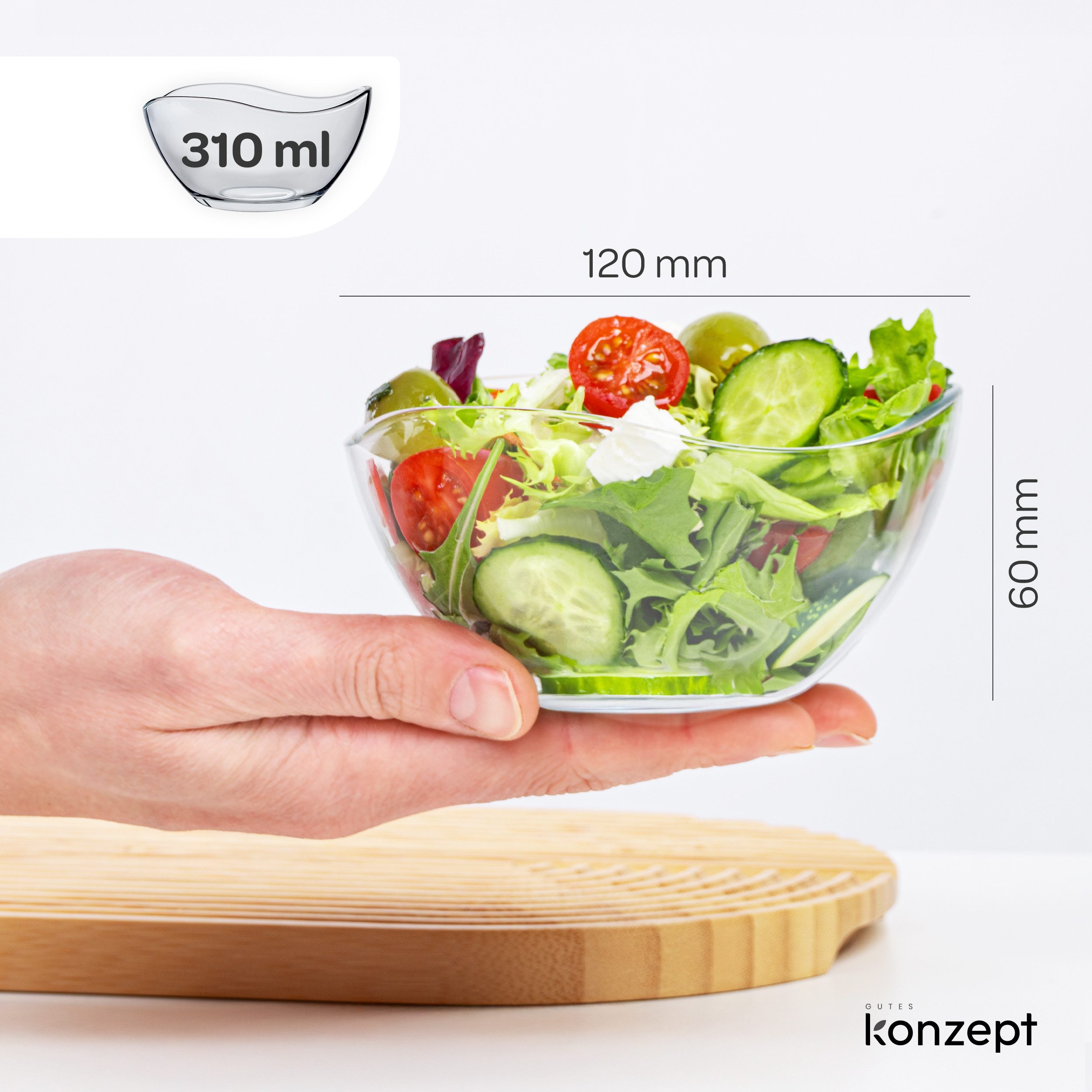 KONZEPT Salatschüssel Glas klein 6/12er Set – 310 ml, stapelbare, Salatschälchen, (6-tlg), ideal als Müslischalen, Servierschalen, Snackschalen, Dessertschalen