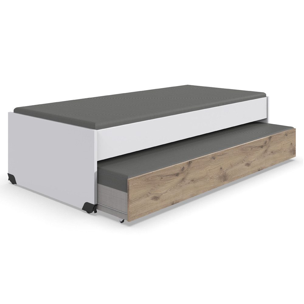 Lomadox Jugendbett NOLI-43, weiß Eiche 90x200 cm Liegefläche Rollen Gästebett