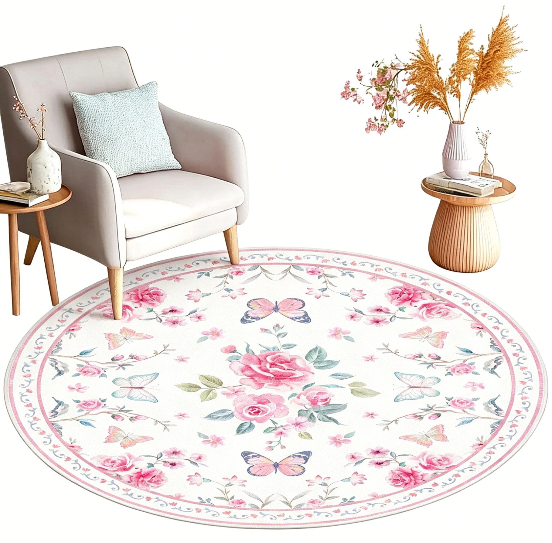 Agger Fußmatte Runde Fußmatte im Vintage-Stil, Boho-Teppich mit Blumenmuster, moderne Fußmatte für Wohnzimmer, Schlafzimmer und Esszimmer