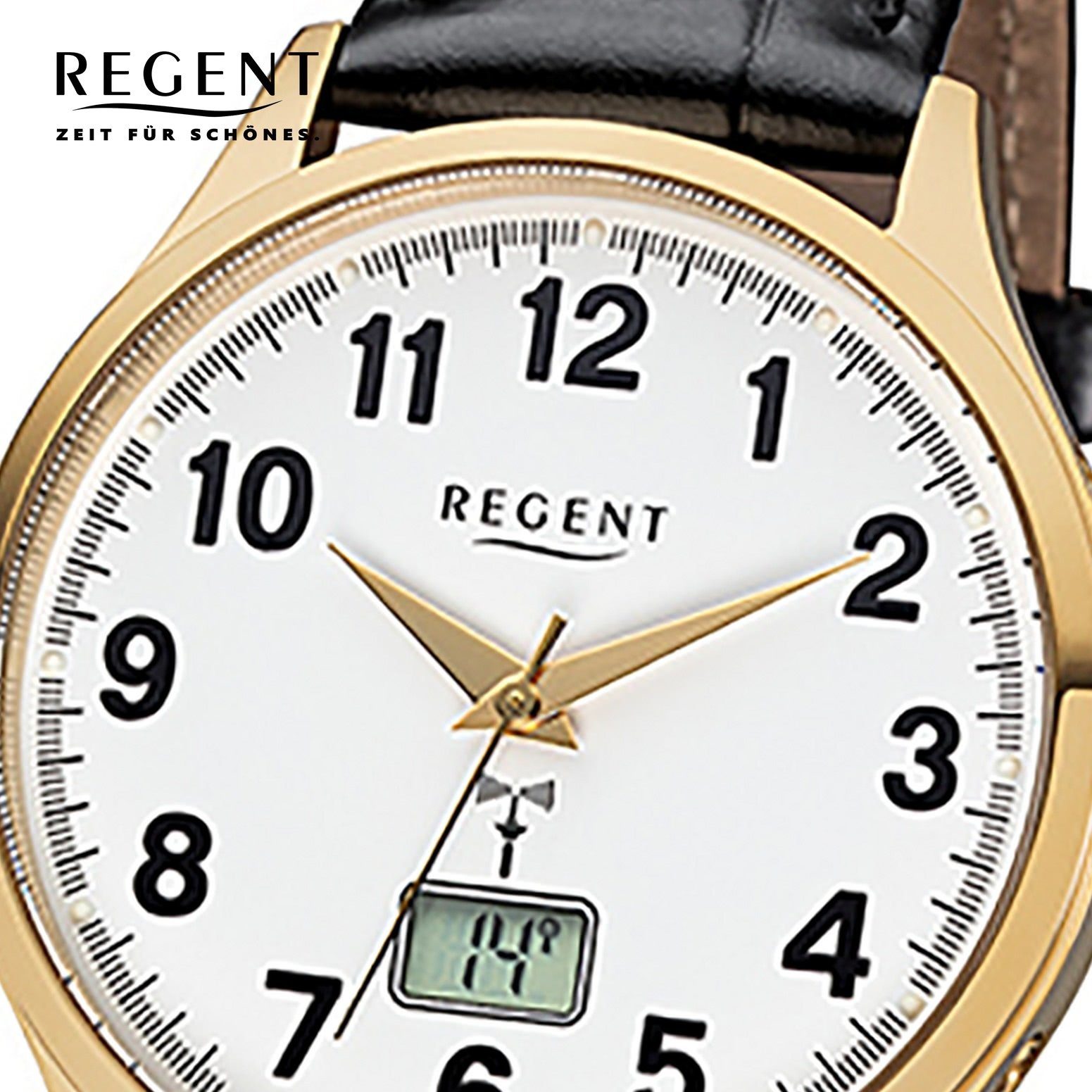 Regent Funkuhr Regent Herren-Armbanduhr schwarz Analog, Herren Funkuhr  rund, groß (ca. 40mm), Lederarmband