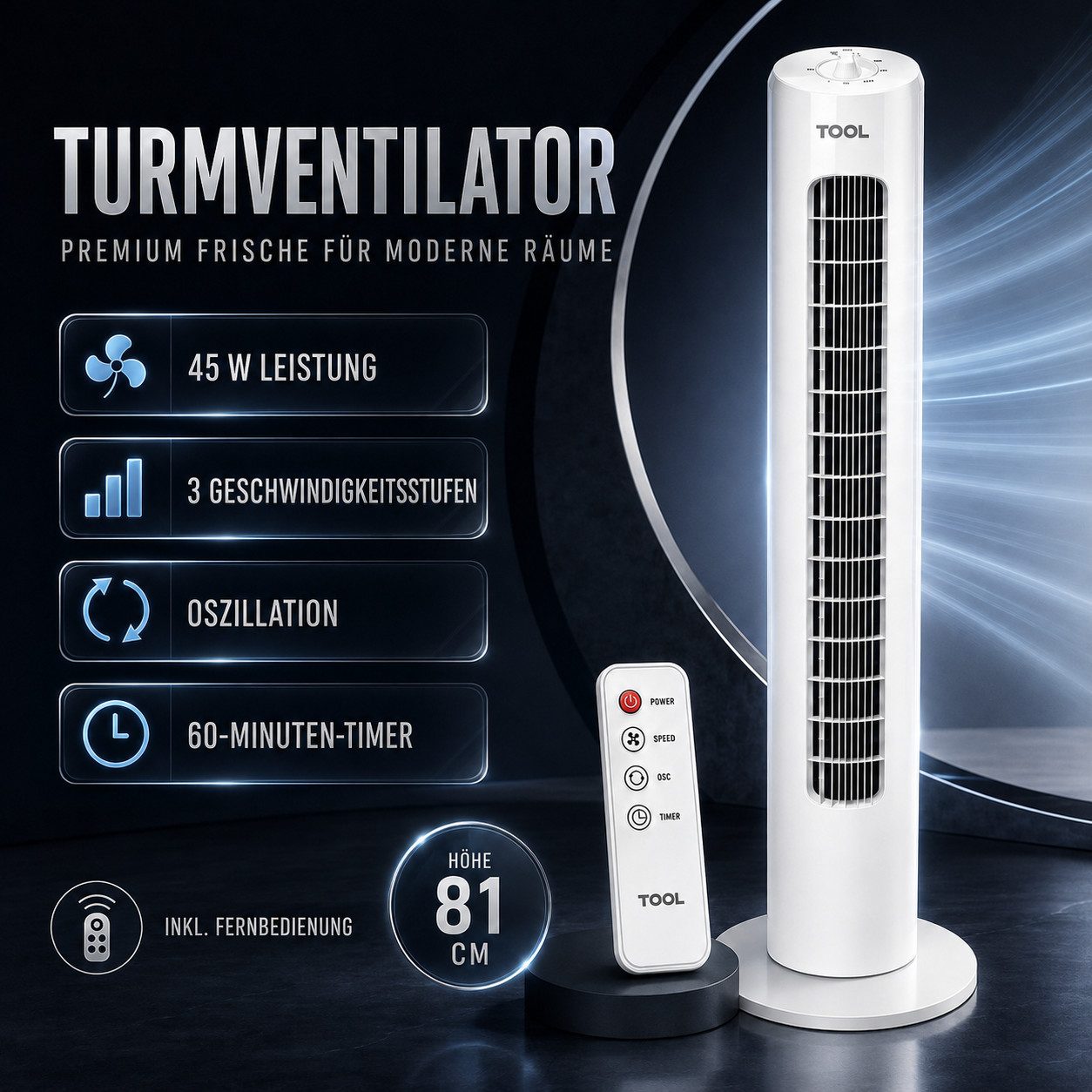 Turmventilator Standventilator Turmventilator Ventilator 74 cm / 45W Timer+Fernbed.