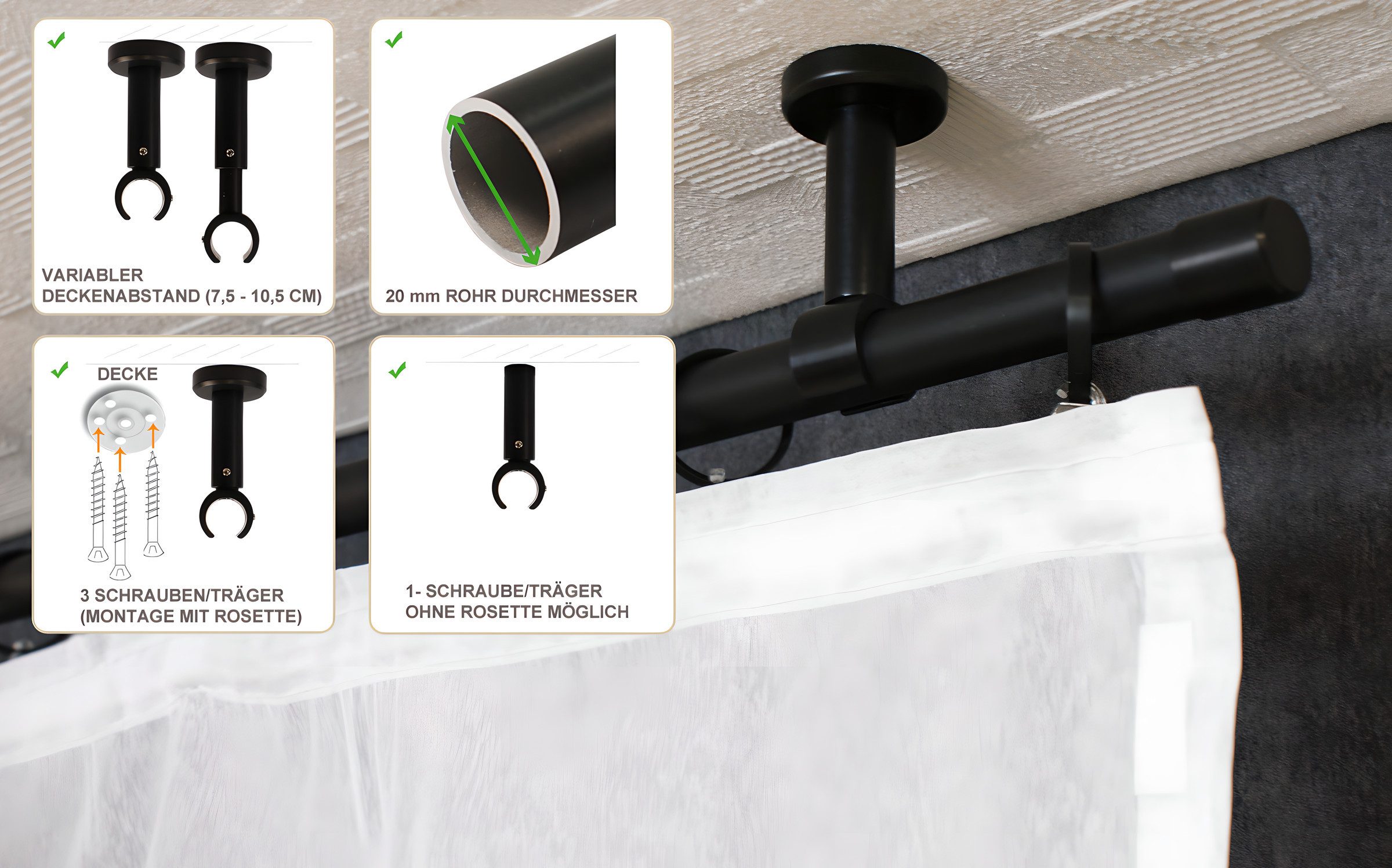iso-design Gardinenstange Set zur Montage an der Decke mit 20 mm Durchmesse günstig online kaufen