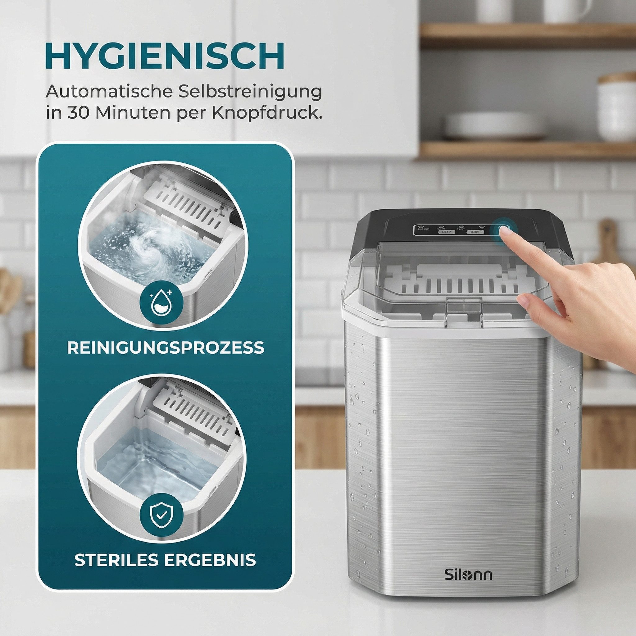 Silonn Eiswürfelmaschine Eiswürfelbereiter kompakt, 2 Eisgrößen, Selbstreinigung, tragbar, 12 kg/Tag, selbstreinigend, ≤ 35 dB – Bild 2 von 5
