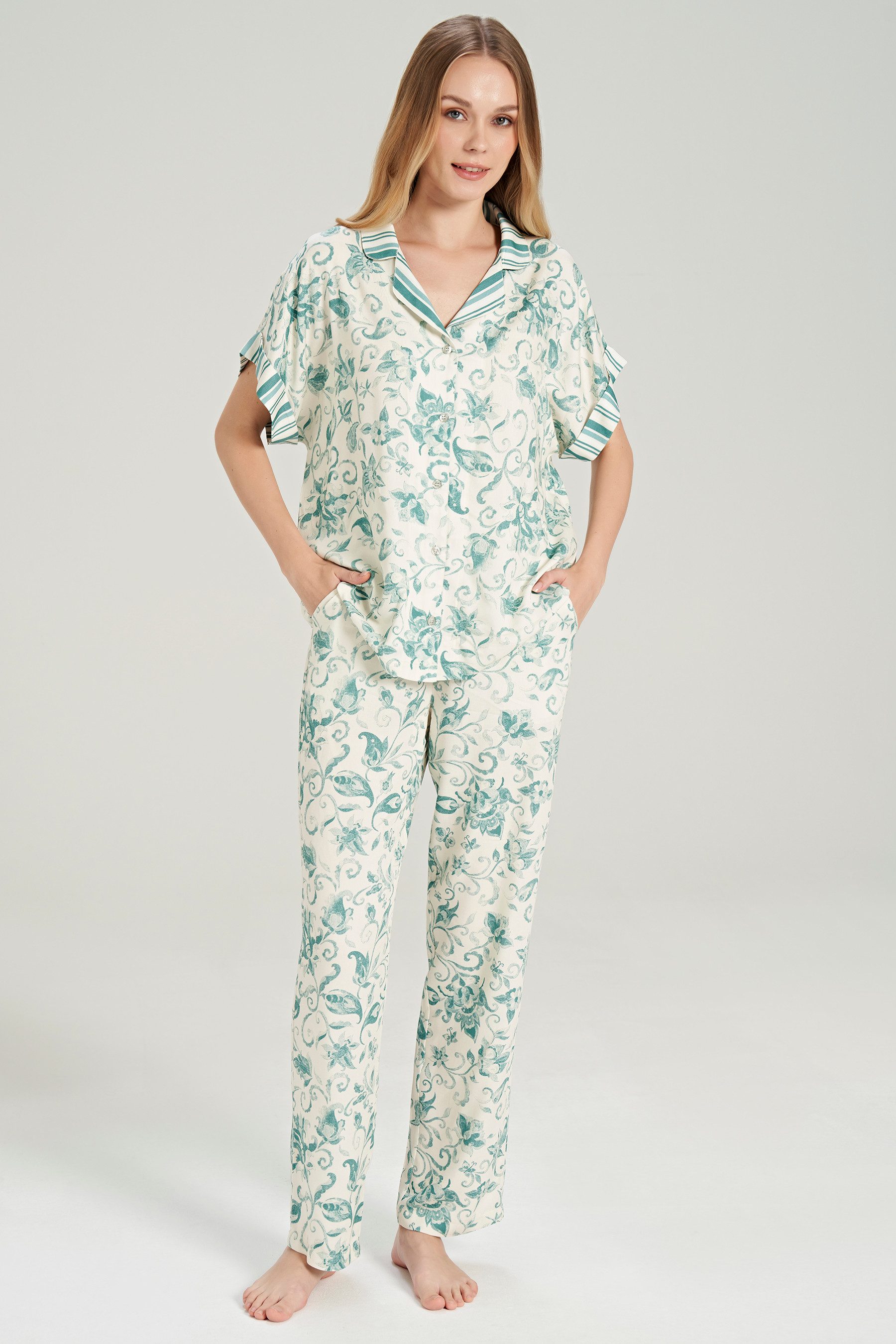 FEYZA Pyjama Gewebtes Damen Pyjama-Set mit Knopfleiste und Blumenmuster