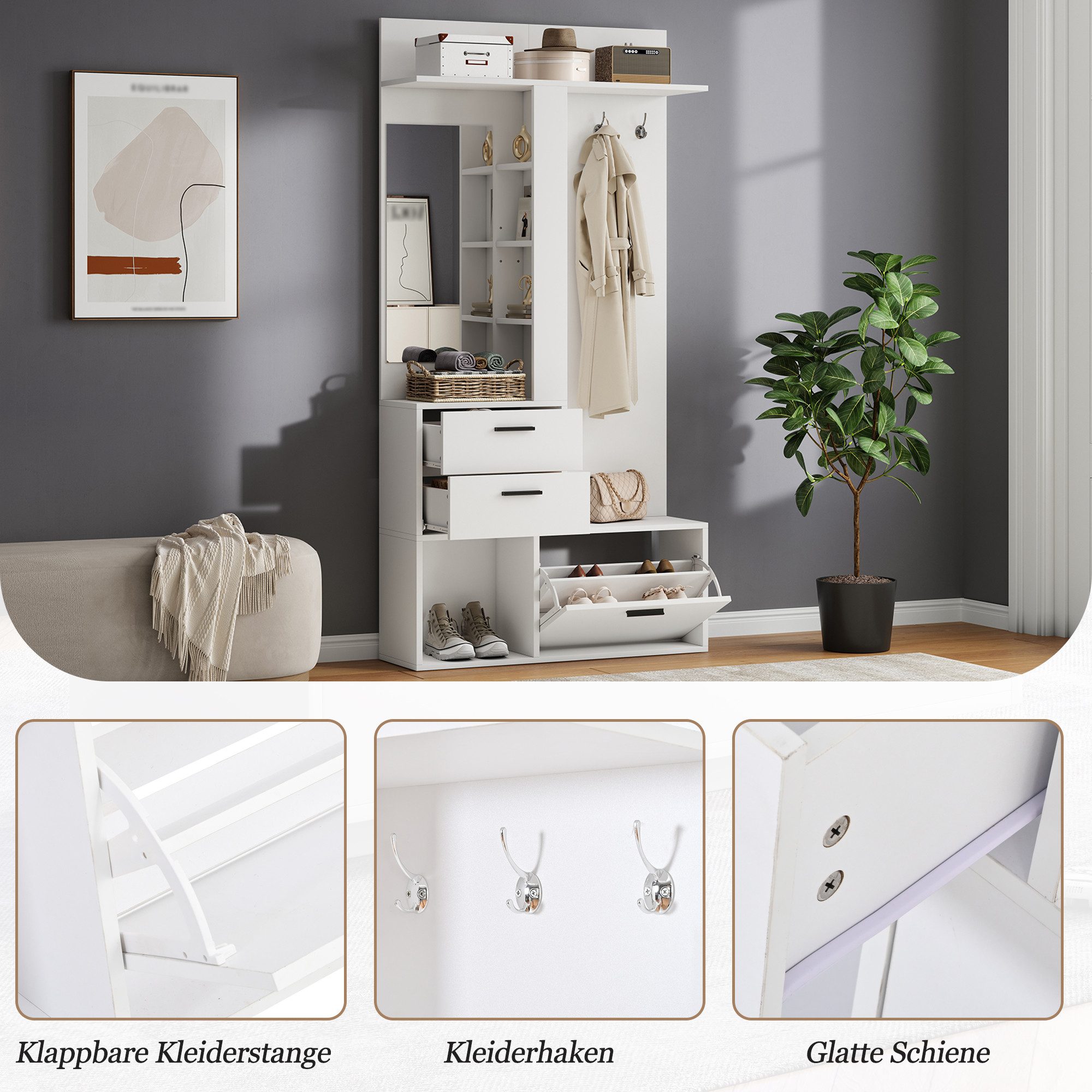 Merax Garderobenständer Flurgarderobe mit Spiegel und Klapptür, 90x30x180 cm, (1 St), Garderobenschrank mit 2 Schubladen, 3 Haken und Schuhschrank – Bild 5 von 5
