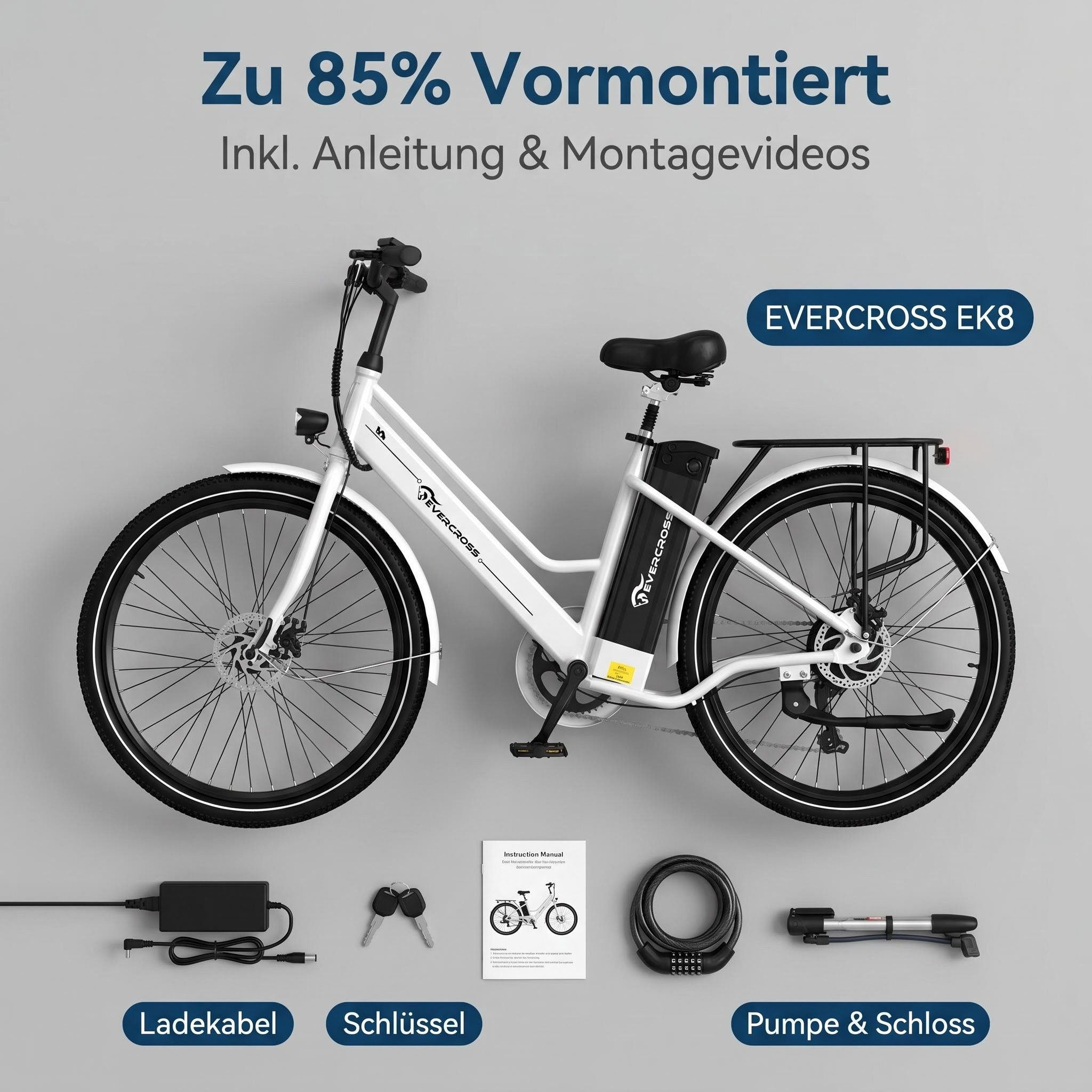 EVERCROSS TECH E-Bike Cityrad für Pendler,26-Zoll-Elektrofahrrad,36V 15,6AH Lithiumbatterie, Heckmotor, 561,6 Wh, 90Km, 1 Gang,E-Citybike mit Schloss, Pumpe – Bild 4 von 5