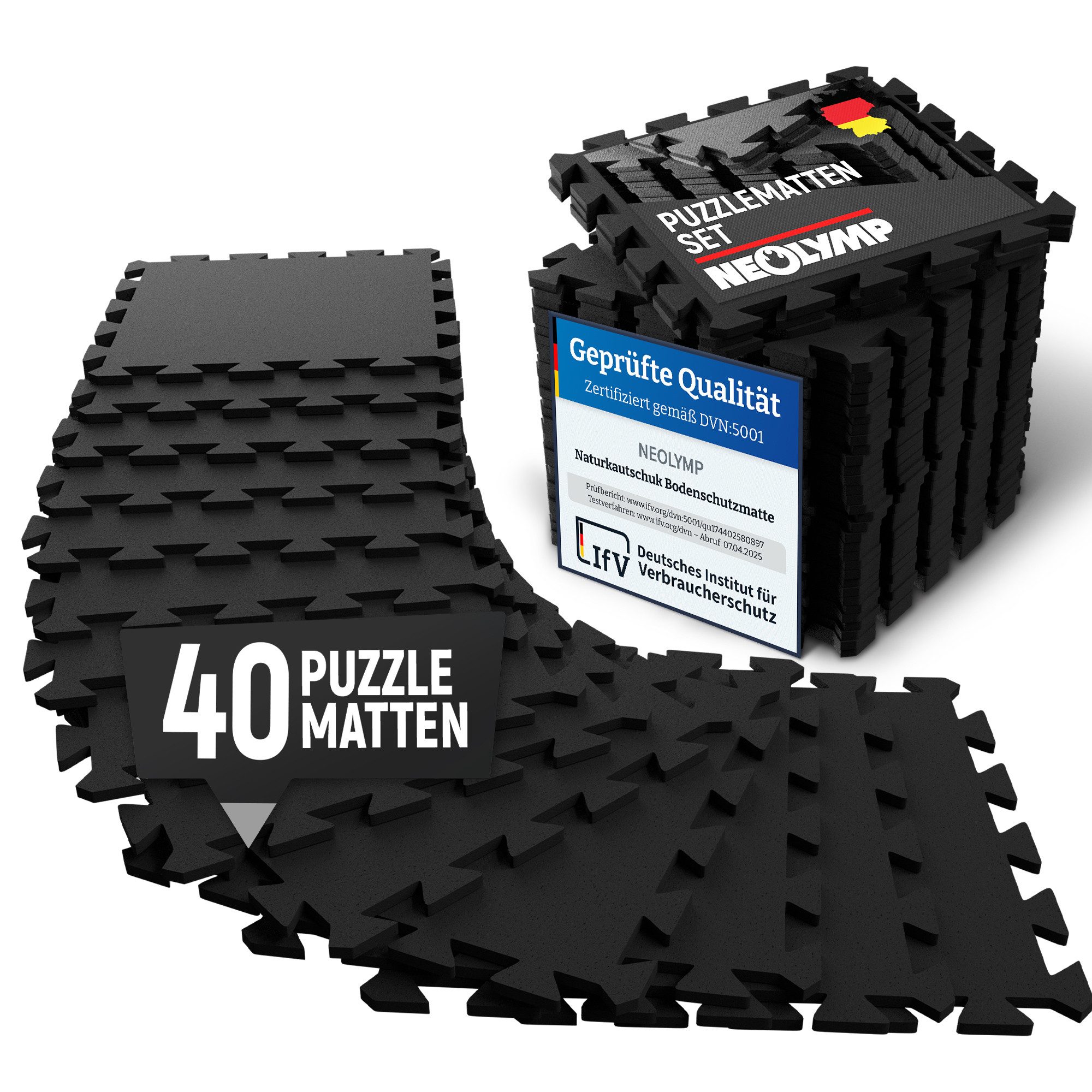 NEOLYMP Bodenmatte Robuste Bodenschutzmatte - Fitness - Schutzmatte Boden - Fitnessmatte (5 x 8 Stück inkl. Randstücke, 5x8 schutzmatten Boden inklusive Ranstücke - Puzzletechnik Sportmatte), Schützt Fußboden, Kautschuk, Studioqualität, Anti-Rutsch