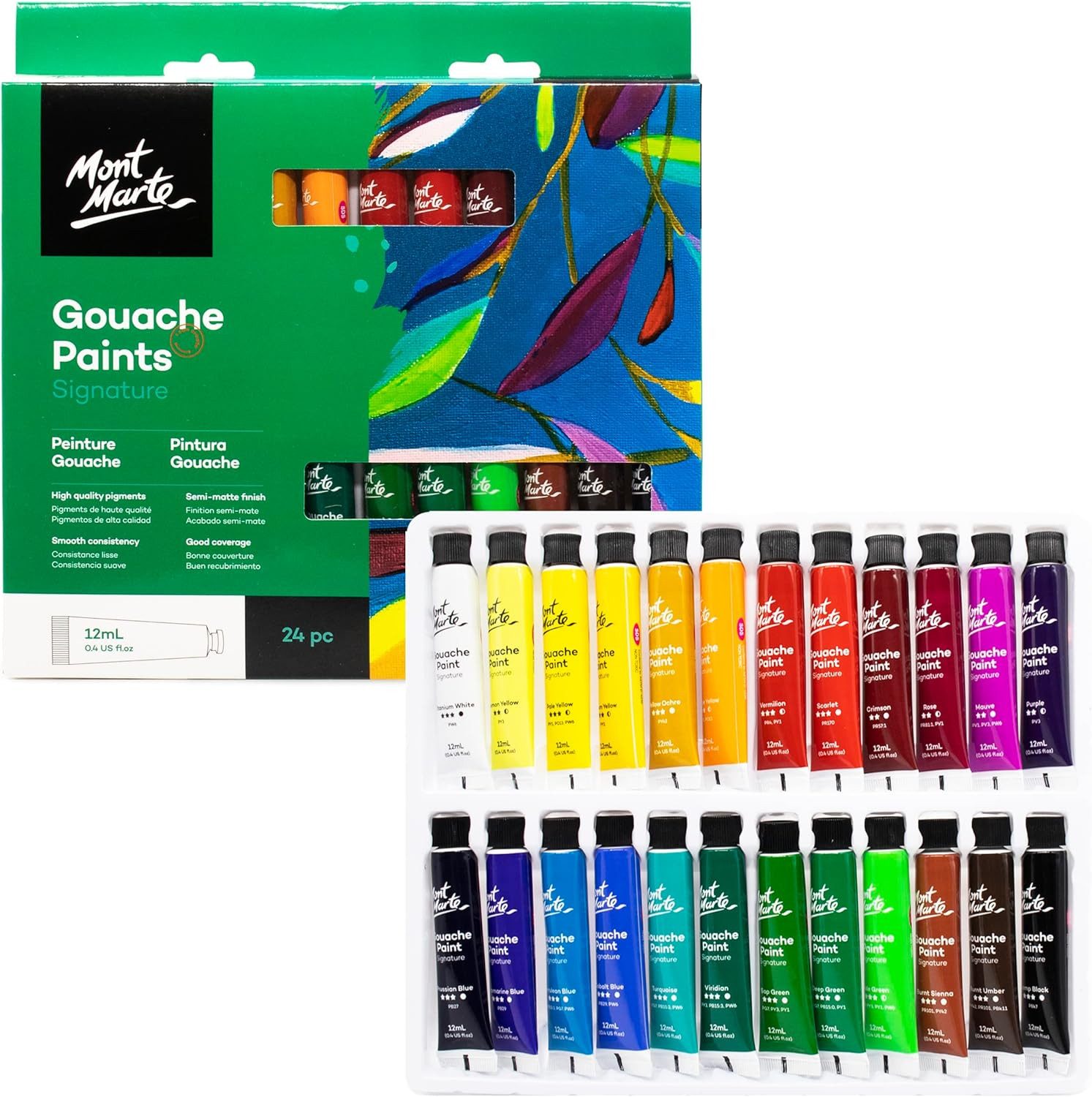 Mont Marte Bastelfarbe SIGNATURE Gouache Farben Set 12 / 24 x 12ml - Intensive Farben, Perfekt für Anfänger & Profi,lebendige Farben,samtiges & mattes Finish