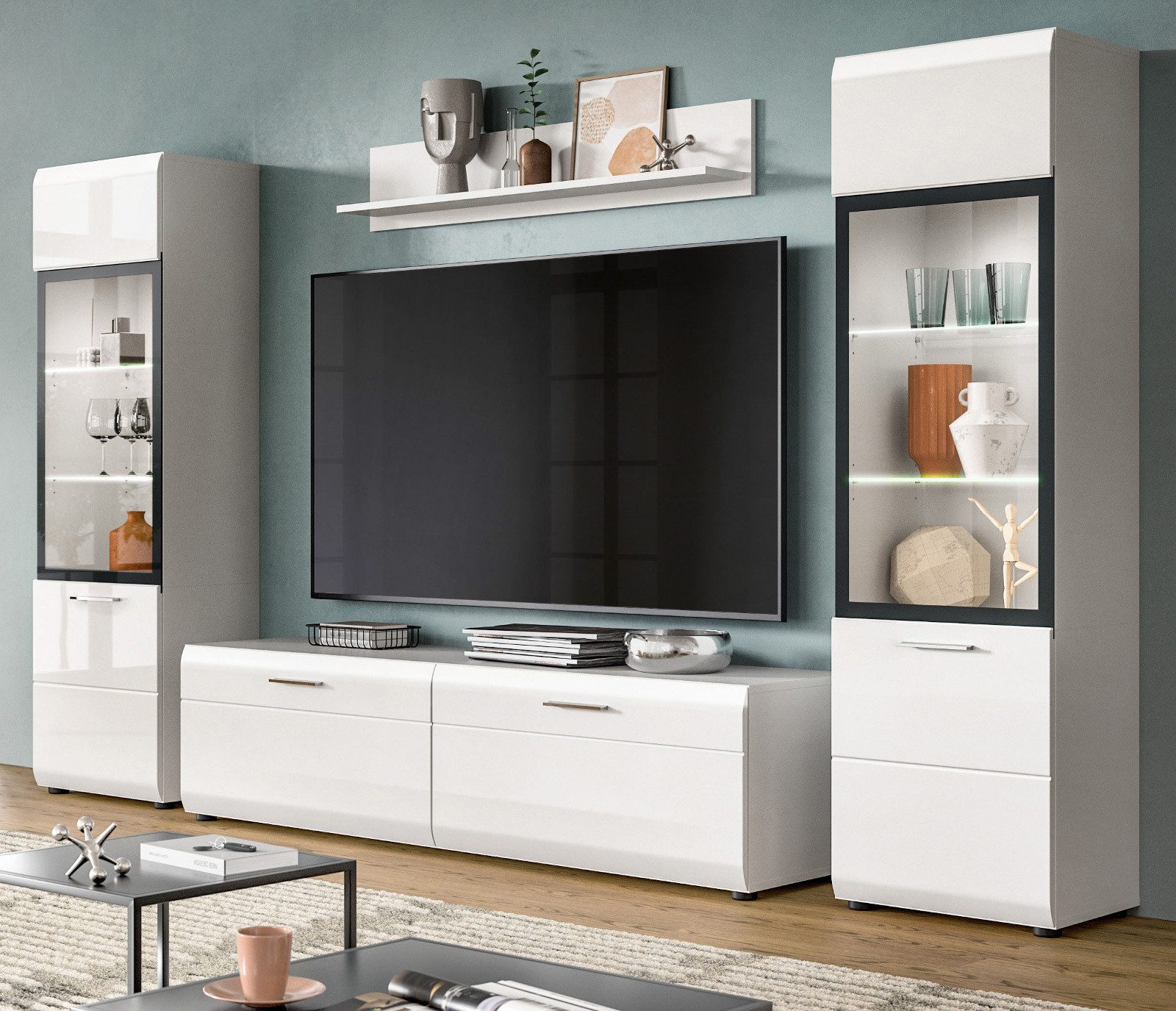 Inn.Furn Wohnwand Vover, (Schrankwand in Weiß Hochglanz, Set 4-teilig, 280 x 160 cm), mit 2 Vitrinen, Soft-Close-Funktion
