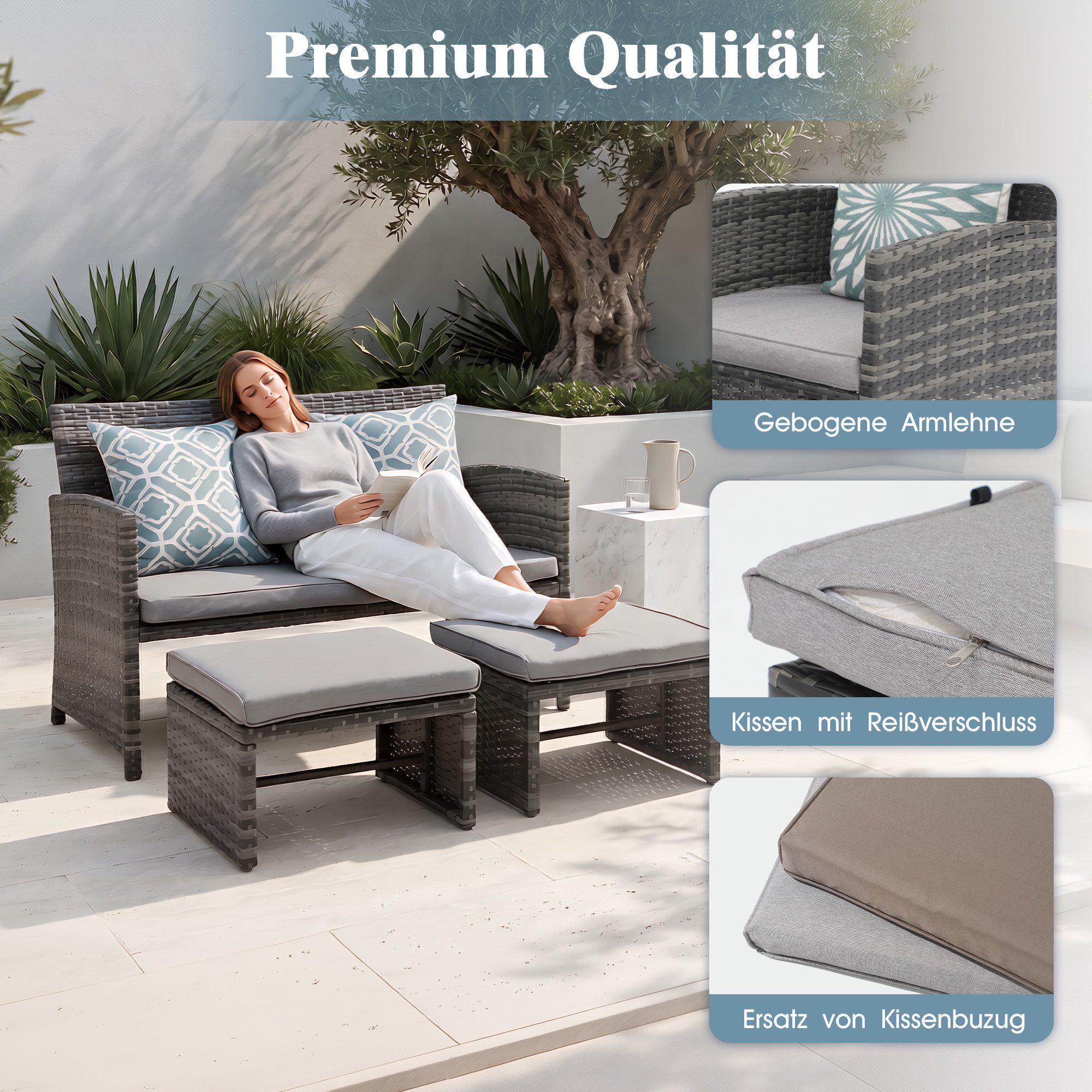Sunsitt Gartenbank Outdoor Loveseat (3-tlg Terrassenmöbel-Set, Allwetter Rattan Gartenbank mit 2 Hocker), Grau Rattan&Grau Kissen