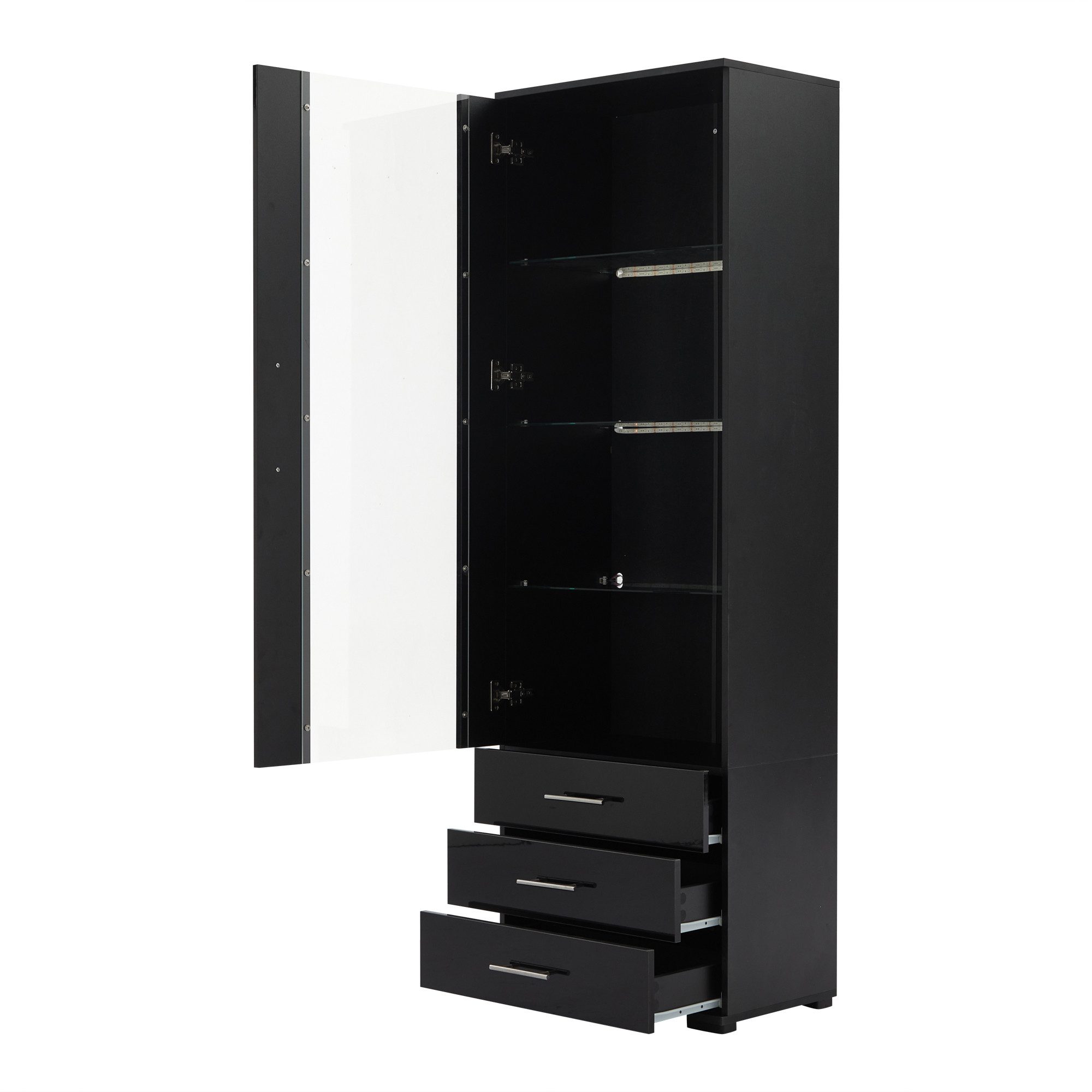 MODFU Vitrine mit Hochglanz-Oberfläche (Hochschrank, Highboard, Standvitrine , 1-St., mit LED-Beleuchtung) 3 Schubladen, 1 Glastür