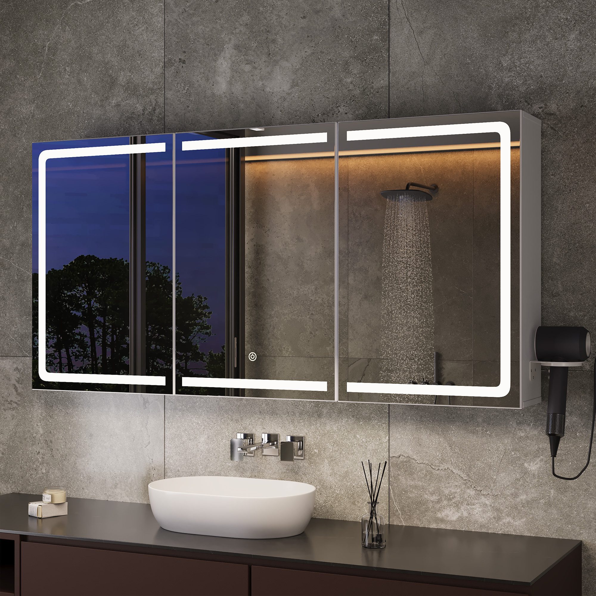 Bealife Spiegelschrank Badezimmerschrank mit LED-Beleuchtung, B:80/100/120CM mit Haartrockner-Halter