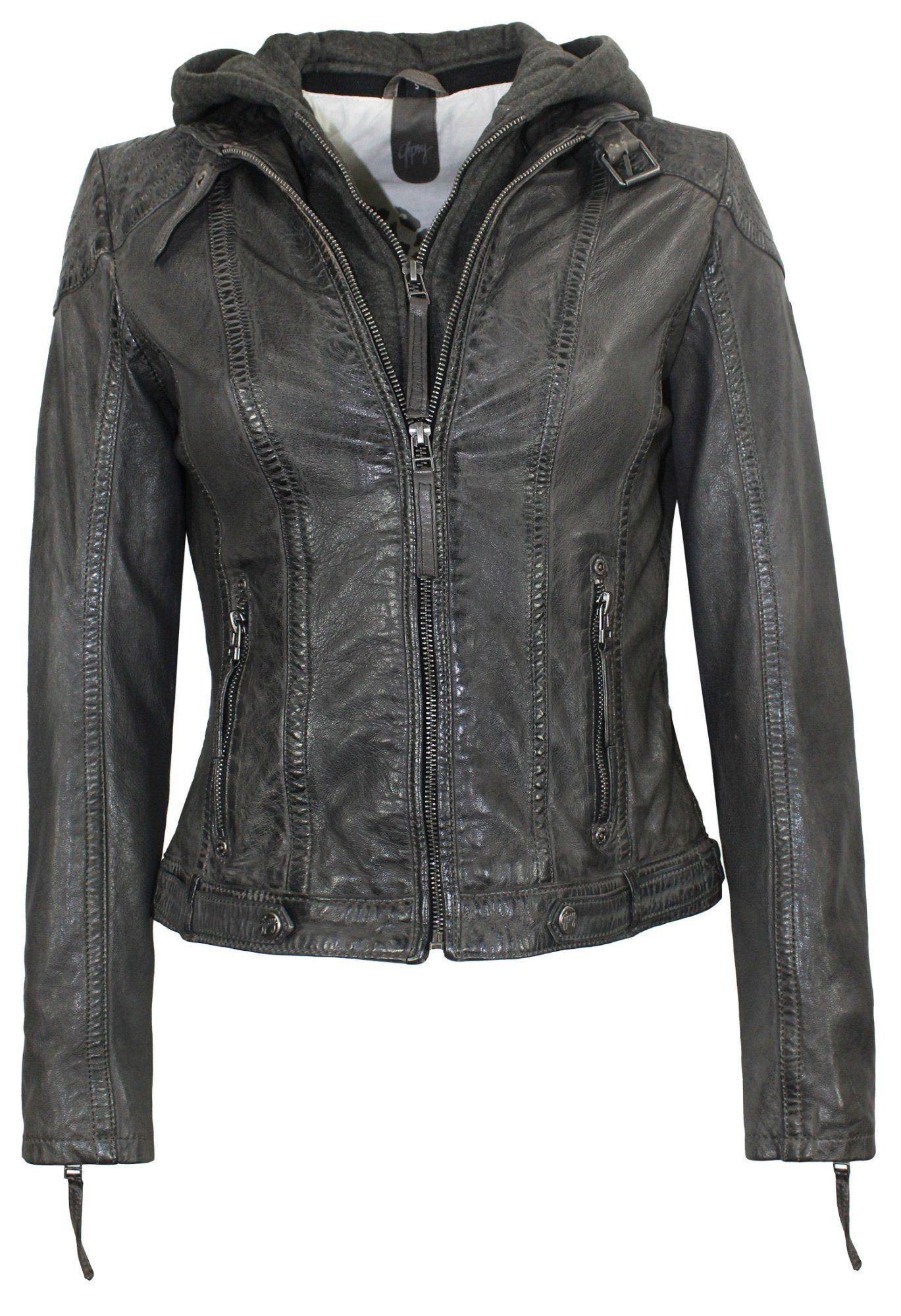 Mauritius Lederjacke Cacey LEGV mit abnehmbarem Kapuzen-Sweateinsatz & aufwendigen Biker-Details