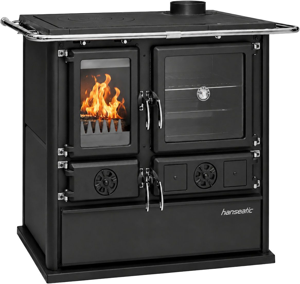Hanseatic Festbrennstoffherd »Cook Premium« Pure Black, Lieferung bis in die Küche, 8,8 kW, Zeitbrand, Küchenofen, Ofenherd zum Heizen, Kochen & Backen