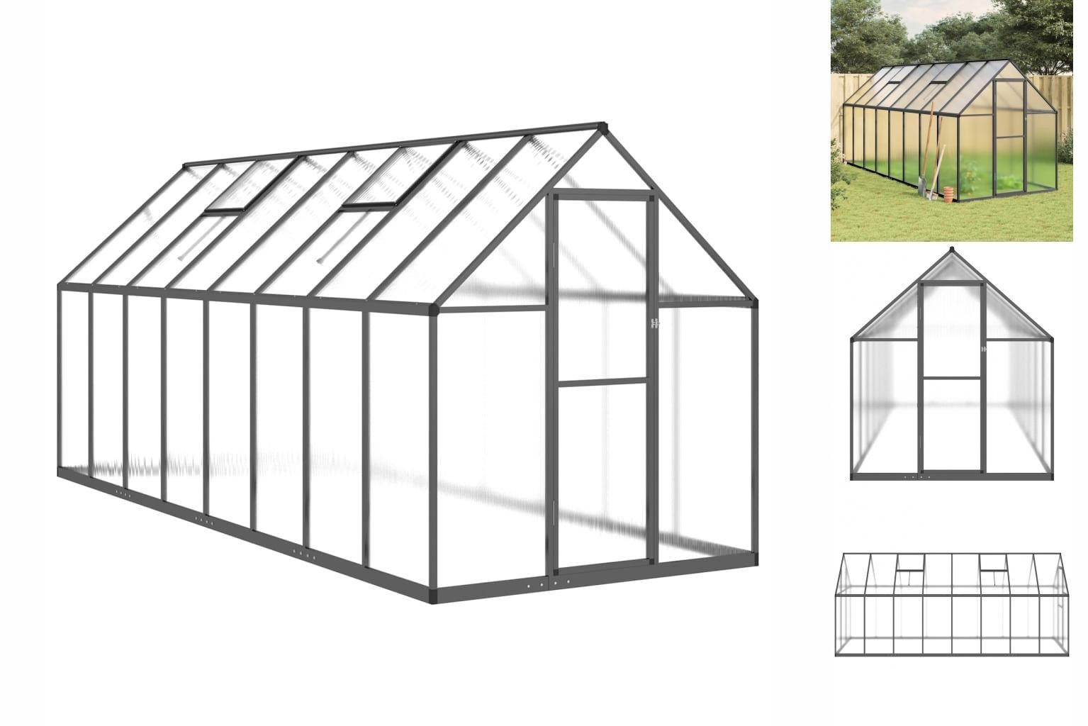 vidaXL Gewächshaus Gewächshaus mit Fundamentrahmen Anthrazit 445x169x195 cm Alu schwarz | Rabatt: 24%