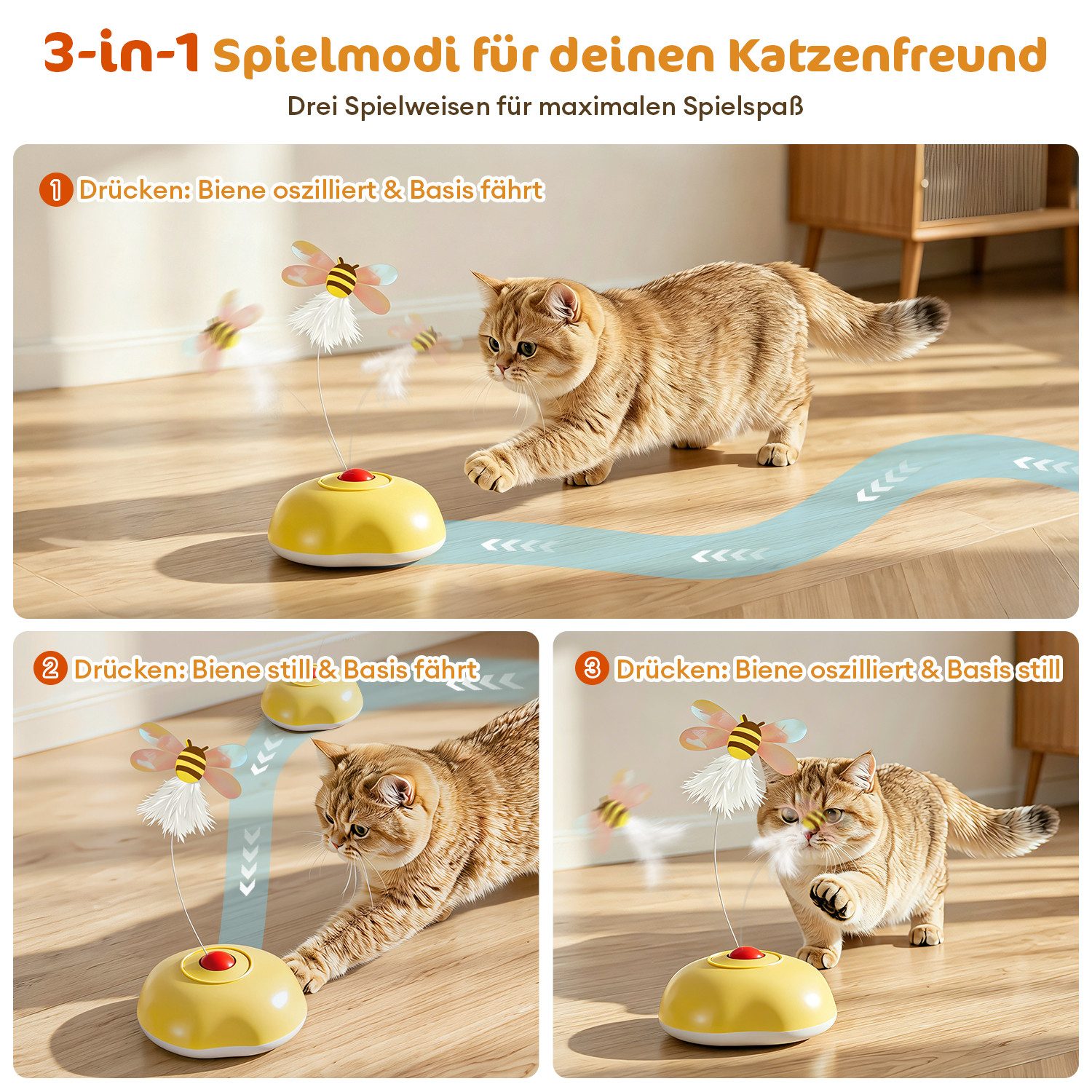 CkeyiN Tier-Intelligenzspielzeug elektrisches Interaktives Katzenspielzeug 3 Laufmodi, lebensmittelechtem ABS, Realistische Plüschbiene um 360° drehbar intelligenter Bewegungsbasis
