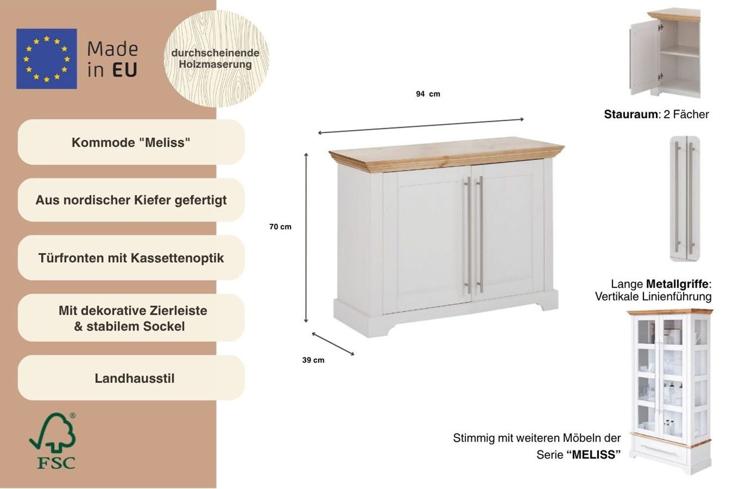 OTTO home Sideboard Melissa, Kommode im klassischen Landhausstil, Massivholz, FSC®, Breite 94 cm