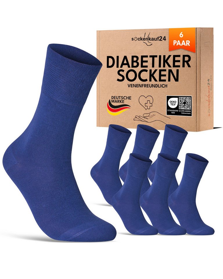 sockenkauf24 Diabetikersocken 97% Baumwolle ohne Gummibund & ohne Naht mit Komfortbund (6-Paar) Diabetiker Socken ohne Gummi für Damen & Herren