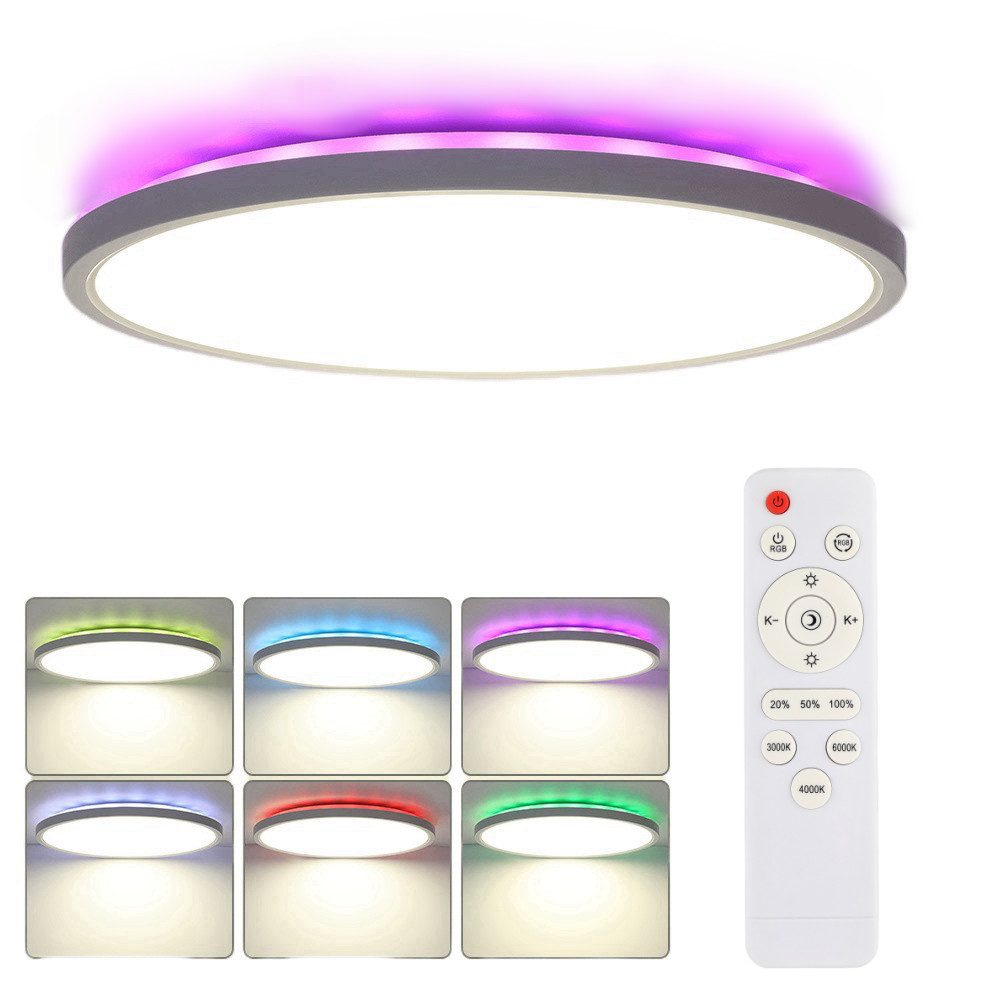 LETGOSPT Deckenleuchte 24W Deckenlampe, RGB Hintergrundbeleuchtung mit Fernbedienung Dimmbar, LED fest integriert, RGB, warmweiß, naturweiß, tageslichtweiß, RGB Flach Rund Deckenbeleuchtung,für Schlafzimmer Küche