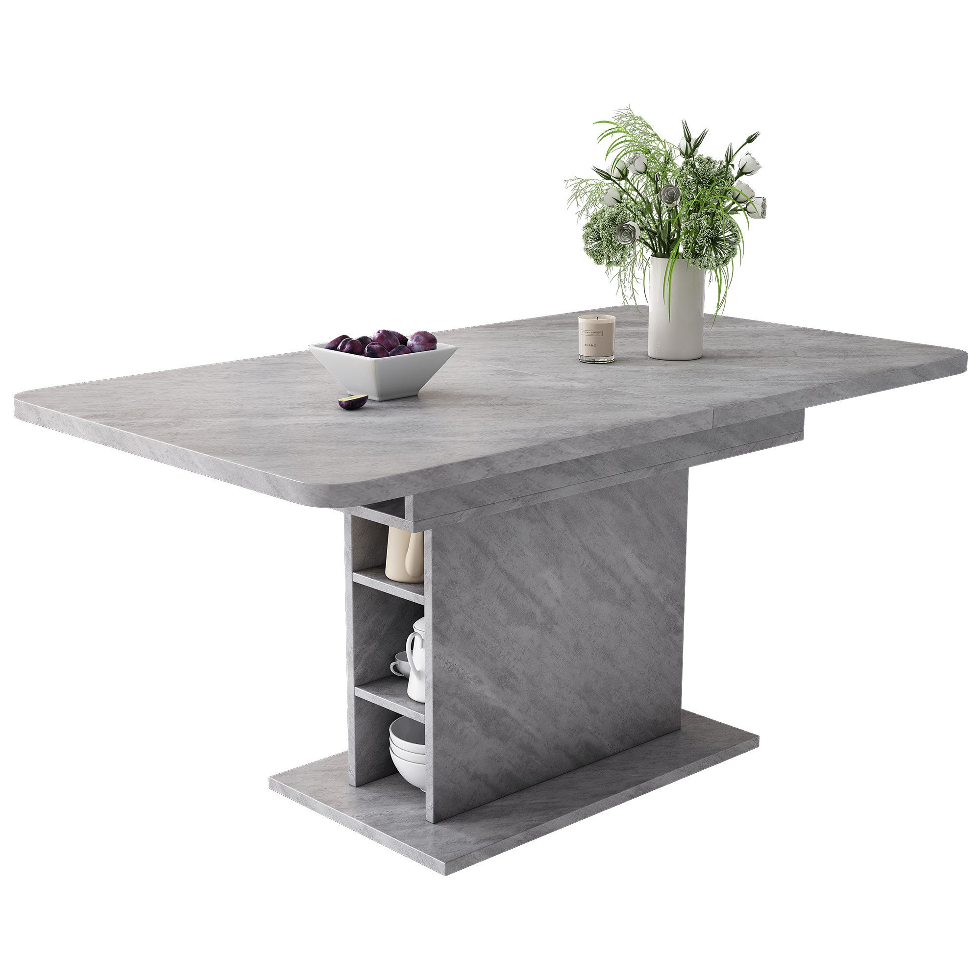 KLAM HOME Esstisch Küchentisch mit Stauraum (Tischplatte bis 130cm ausziehbar), 110x70x75 cm Esstisch Freizeittisch Couchtisch aus Metall und MDF