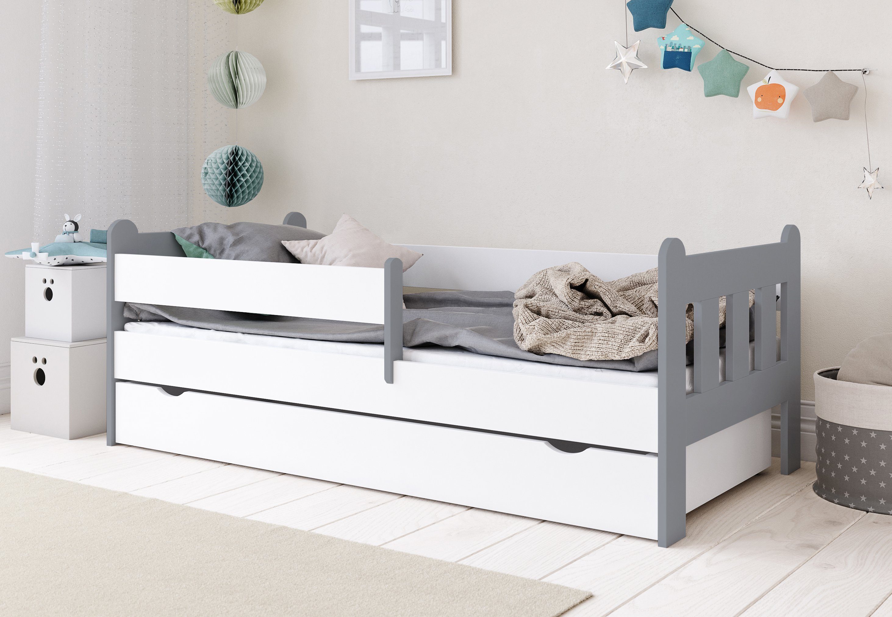 Kinderbett 80x160, 80x180, 90x200 cm mit Schublade, Rausfallschutz & Lattenrost