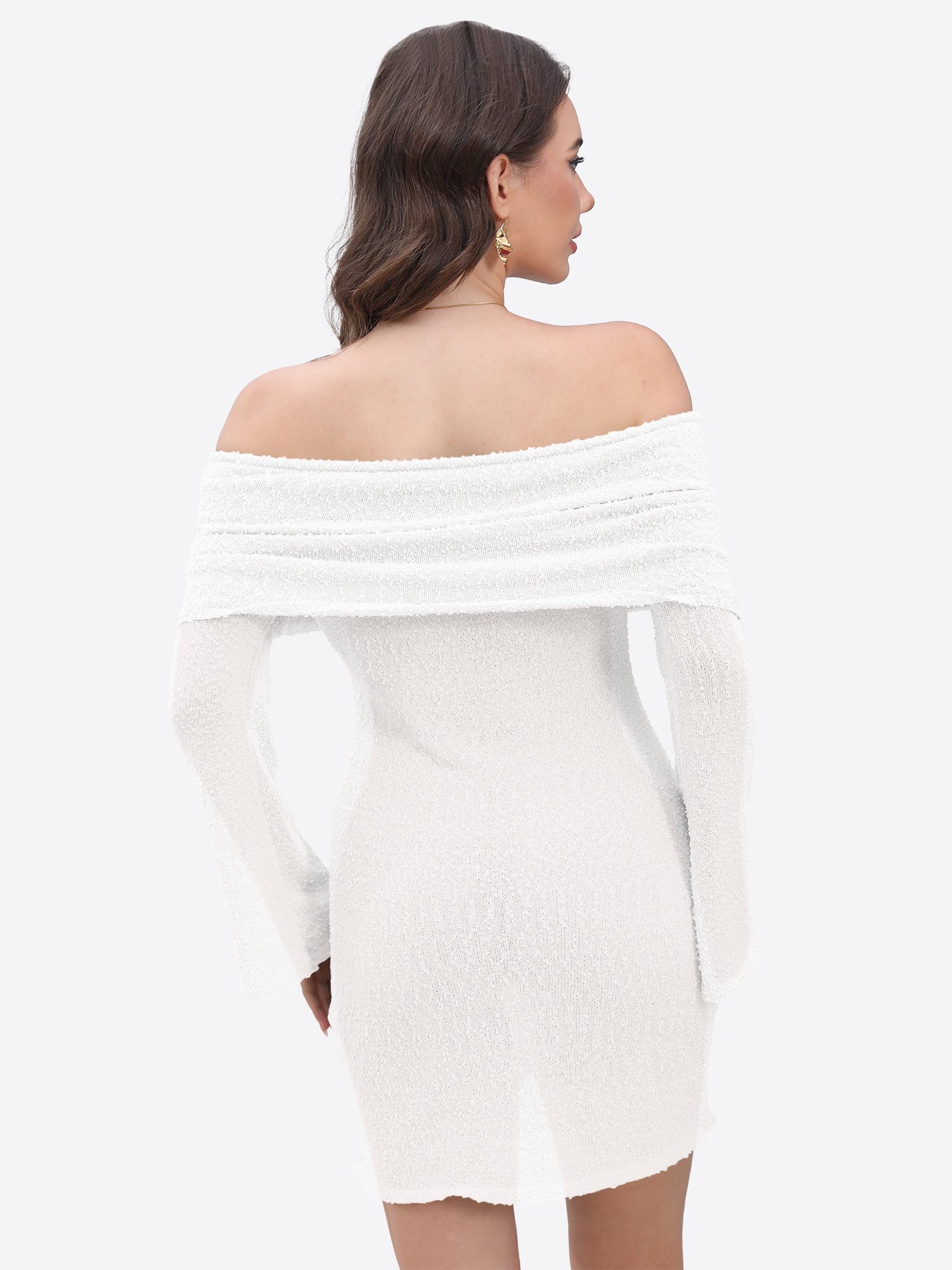 Imily Bela Strandkleid Damen Off-Shoulder Stricken Trompetenärmeln Miniklei günstig online kaufen
